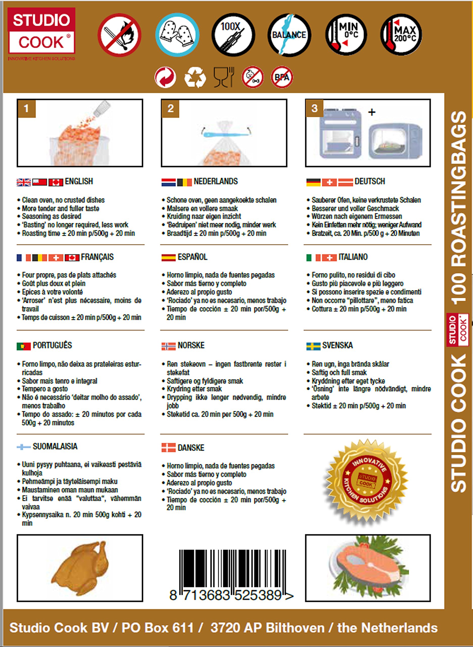 100 sacchetti 3 in 1, per arrostire, cuocere a vapore e conservare, contenuto 100 pezzi, misura media 25 x 38 cm, fino a max. 2,5 kg. Adatti per il microonde.
