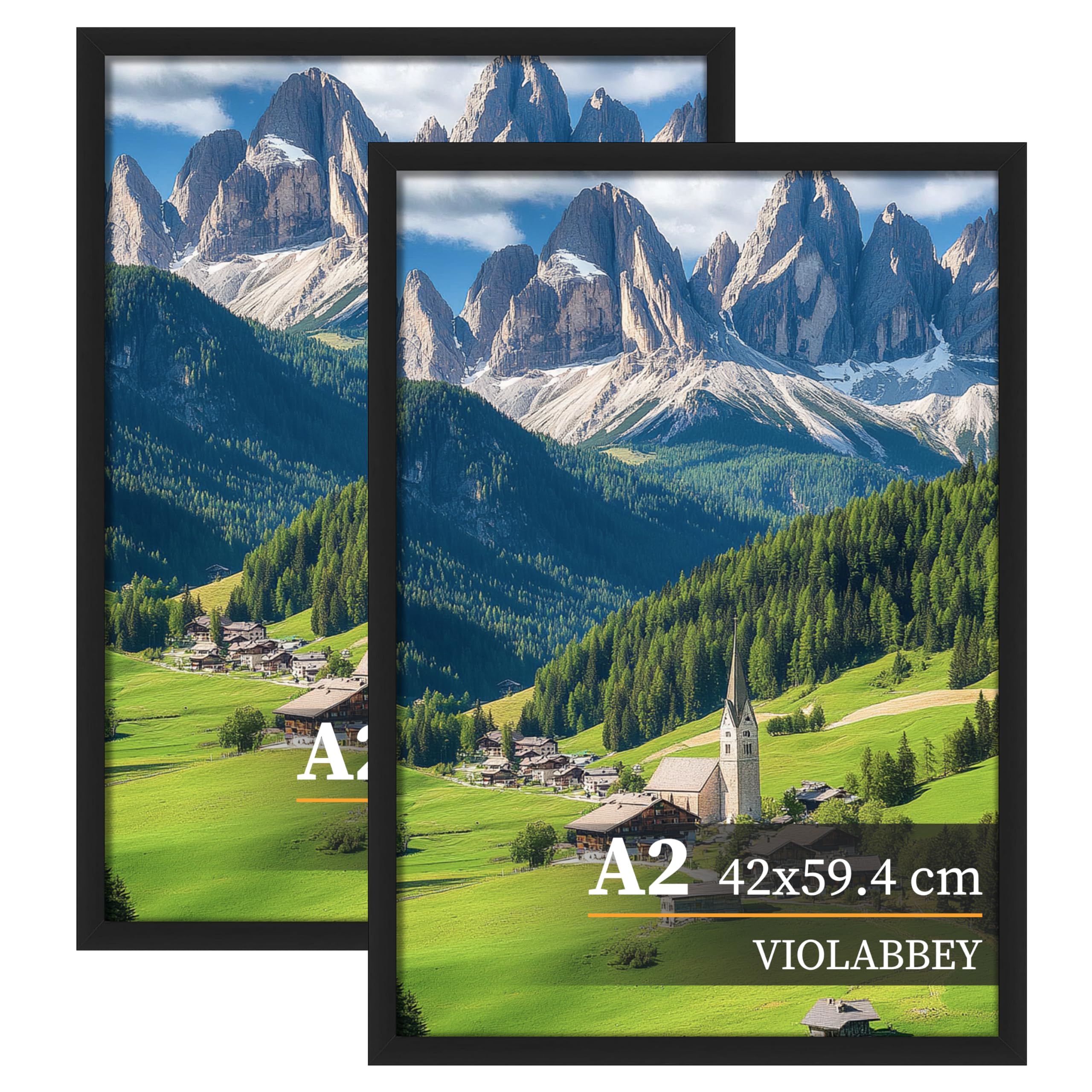VIOLABBEY Bilderrahmen A2 Schwarz 2er Pack, A2 Foto Rahmen, Picture Frame 42 x 59.4 cm für horizontale oder vertikale Wandmontage