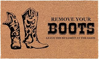 Welcome Doormat Coco Coir Door Mat Gift Remove Your Boots Leave The Bull at The Door Funny Cowboy Cowgirl Boots Ranch Farm Country (30" x 18")