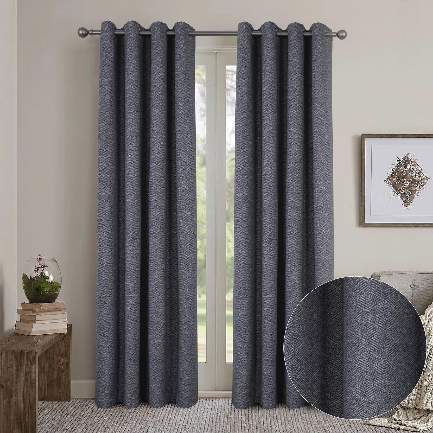 always4u Rideau avec Motifs Géométriques, Filtrage de la Lumière, Faux Laine Double Rideaux Isolation Thermique avec Oeillets pour Chambre à Coucher Salon, L140xH260cm, Texturé, Gris, Lot de 2