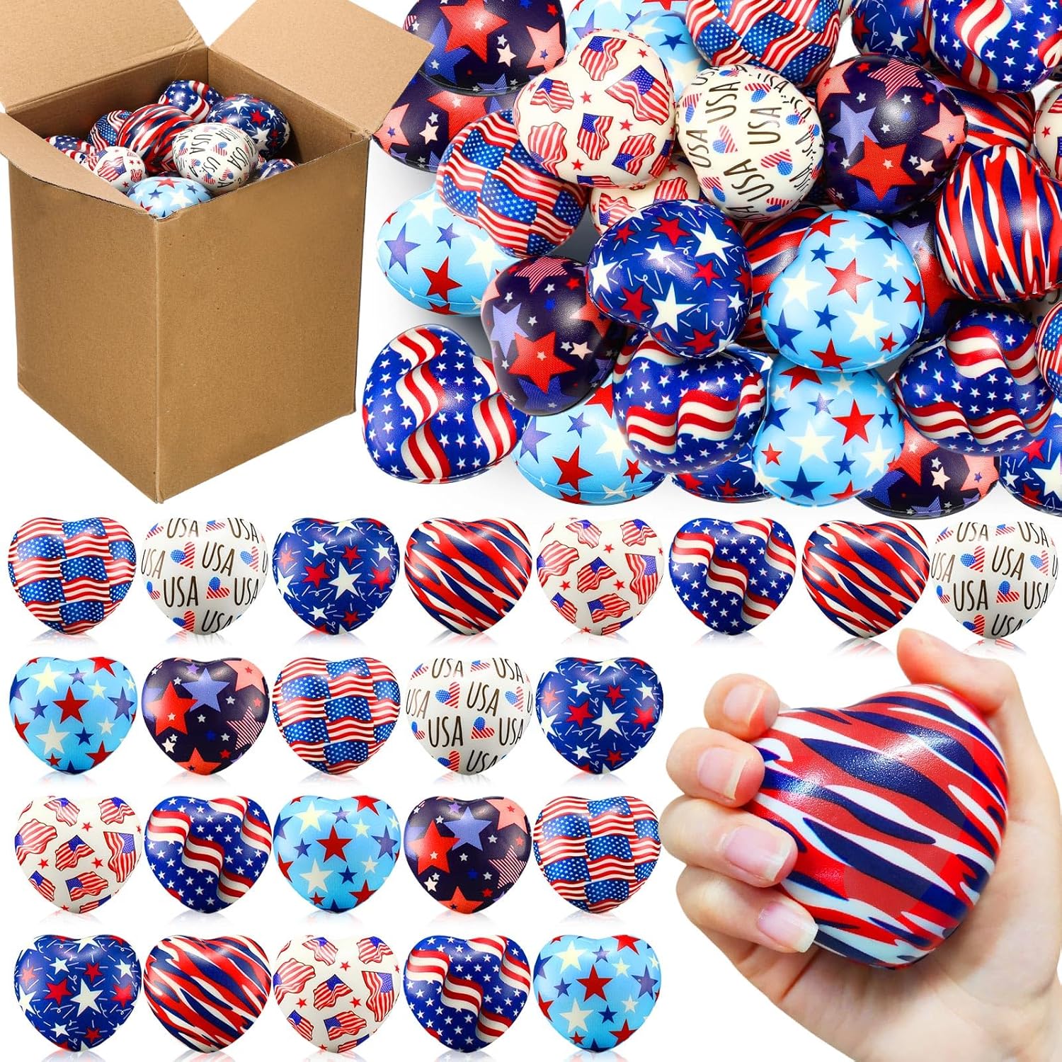 JellyArch 48 Pcs 4th of July Stress Ball Bulk 2.75 Inch Patriotic Heart Stress Ball Independence Day Mini Foam Red White Blue Relief Heart Gift Motivational Gift for USA Carnival Party Supplies