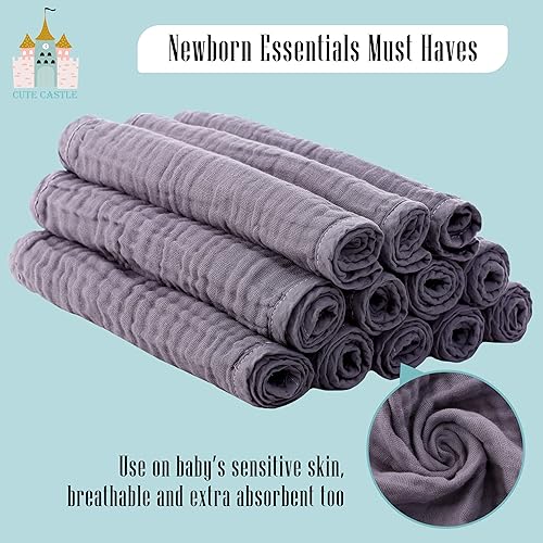 Vista 58 de Cute Castle Paquete de 12 paños de muselina para bebé, 100% algodón, ultra absorbentes, grandes, 20 x 10 pulgadas, trapos súper absorbentes