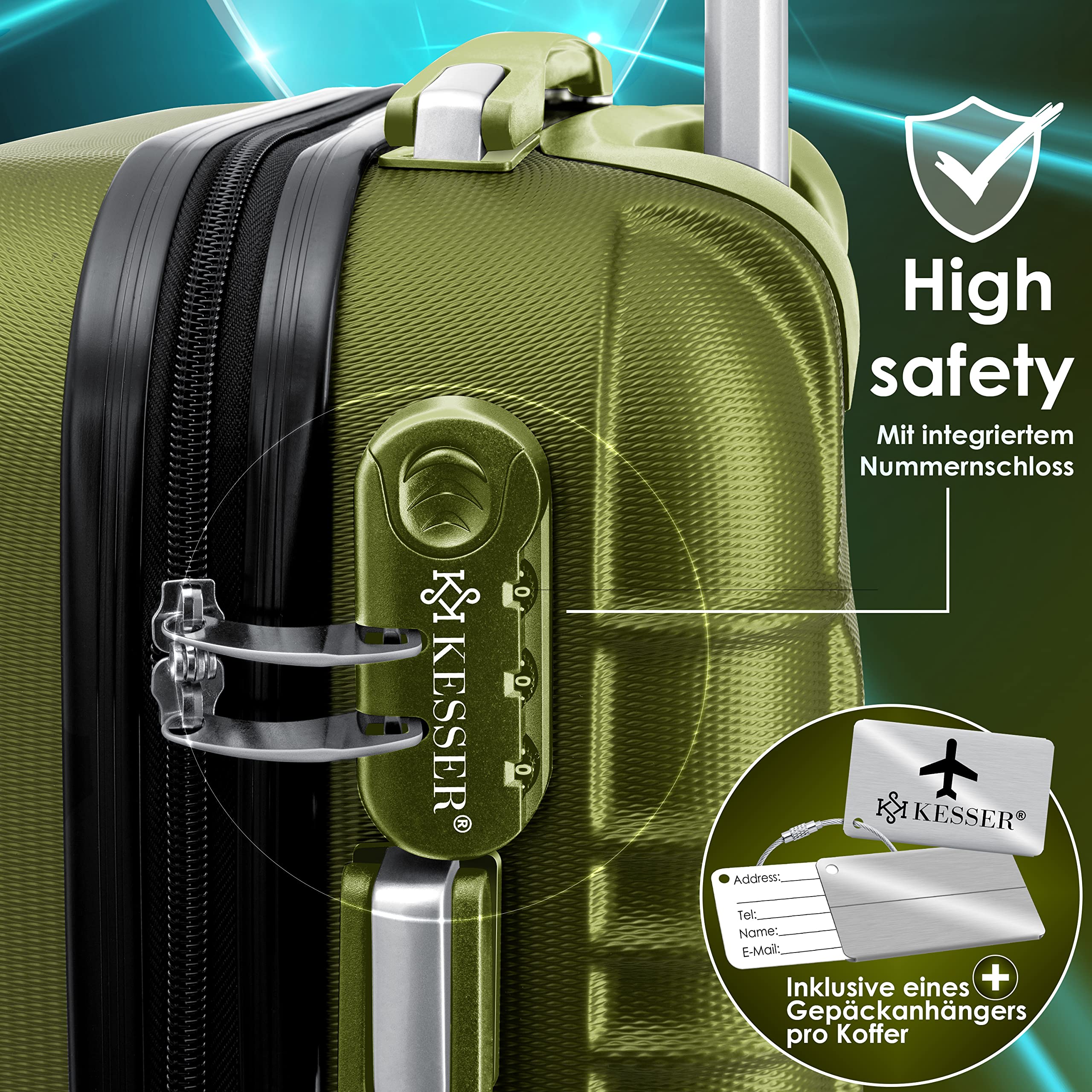 KESSER® Set di 3 valigie rigide, da viaggio, incl. bilancia trolley + etichetta per bagagli, chiusura per valigie rotolanti, manico telescopico M-L-XL