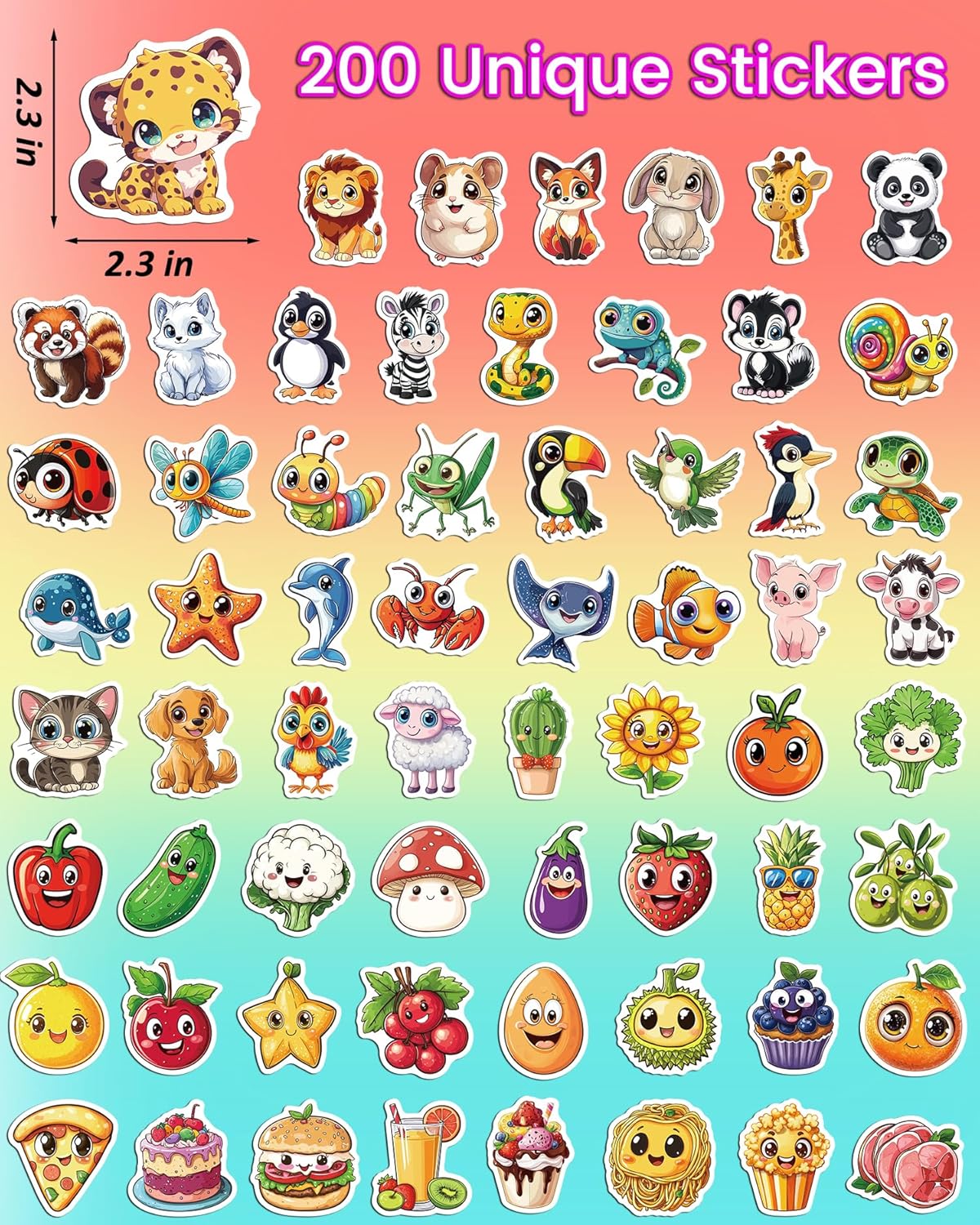 JCFIRE 200PCS Stickers for Kids, Waterproof Cute Mixed Animal Food Vinyl Scrapbook Stickers for Water Bottle, Book, Laptop, Goodie Bags Stuffers Kids Party Favors, Classroom Supplies Must Haves - Image 6