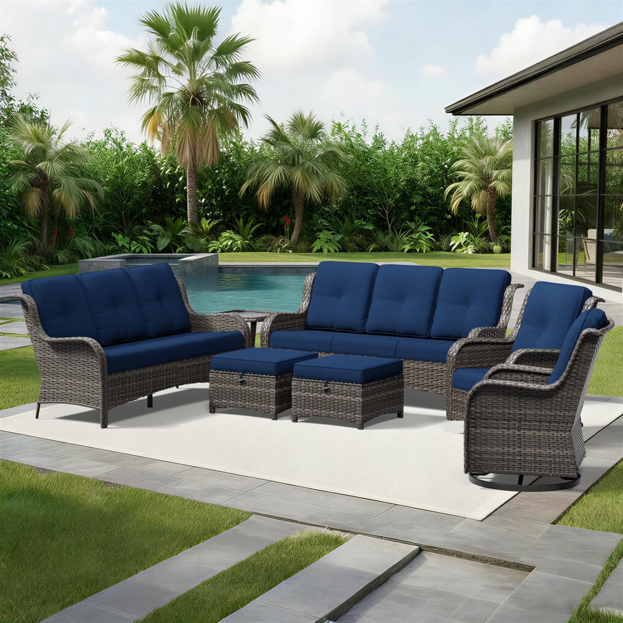 Joyside 7 Piece Wicker Patio Furniture Set, Outdoor Swivel Rocker Patio Chairs with High Back, Deep Seating, Wide Armrest, Thickened Cushions, Outdoor Furniture for Deck, Porch Use