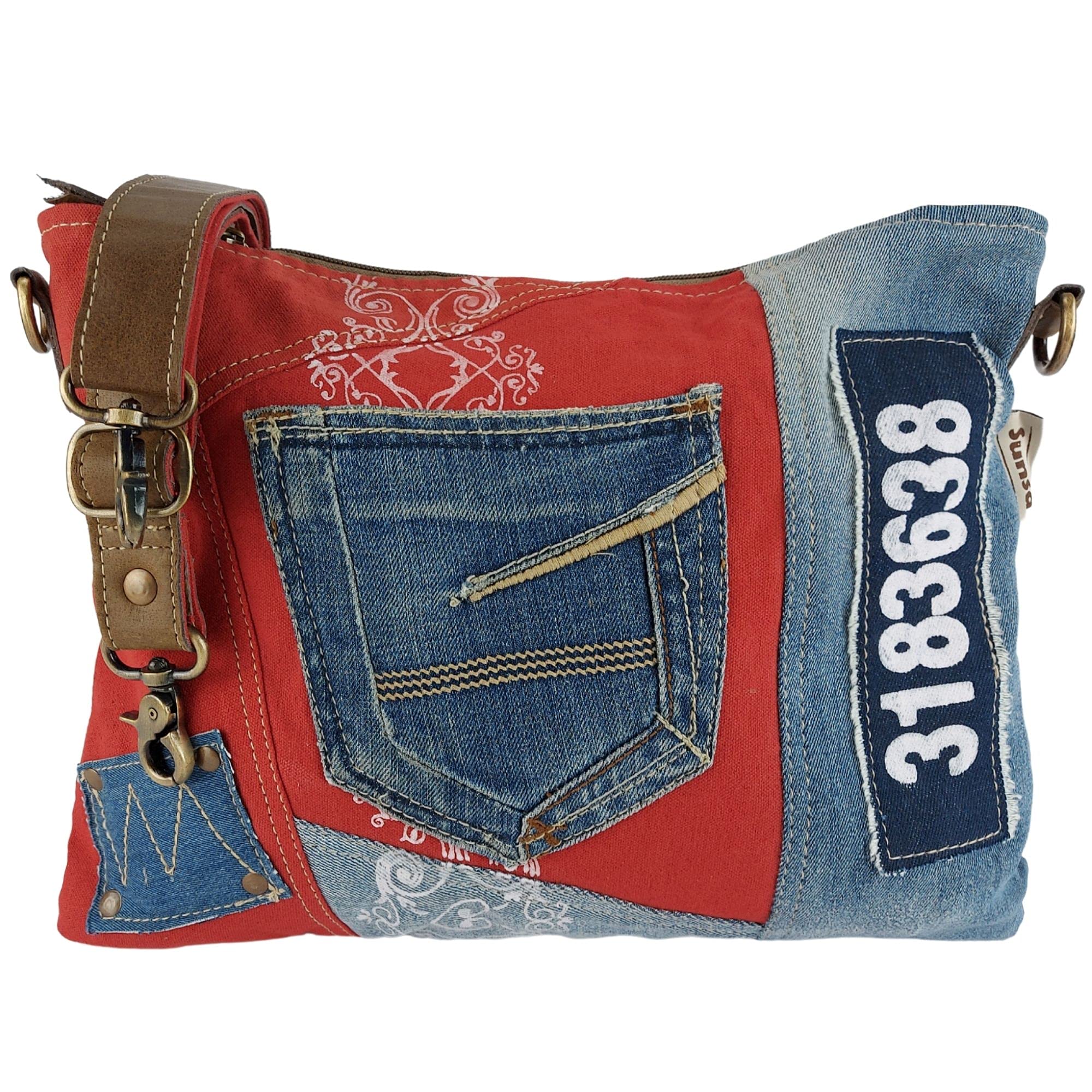 Sunsa Damen Tasche. Nachhaltige Umhängetasche. Handtasche Bag aus recycelter Jeans & Canvas in Vintage Stril. Rot/blau Schultertasche Crossover mit Verstellbarere Henkel