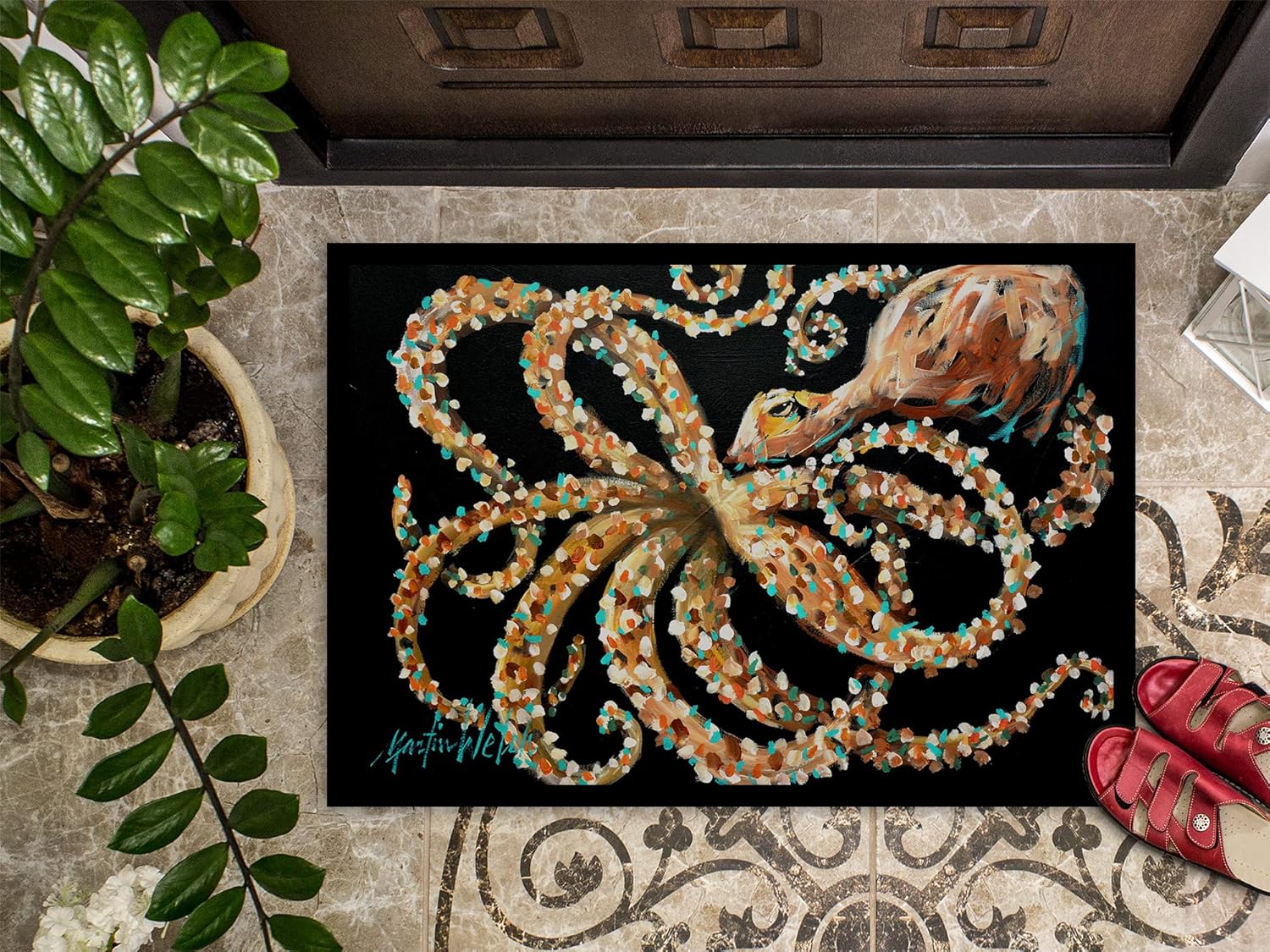 Caroline's Treasures MW1275JMAT Eye On You Octopus Doormat 24x36 Front Door Mat Indoor Outdoor Rugs for Entryway, Non Slip Washable Low Pile, 24H X 36W