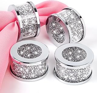 SHYFOY Silver Diamond Napkin Ring Glass Framed, Crystal Dinning Cloth Rings Set of 4 Piece, Glam Serviette Buckle Cloth Holder Sparkle Bling Crushed Diamond Table Decor Accessories