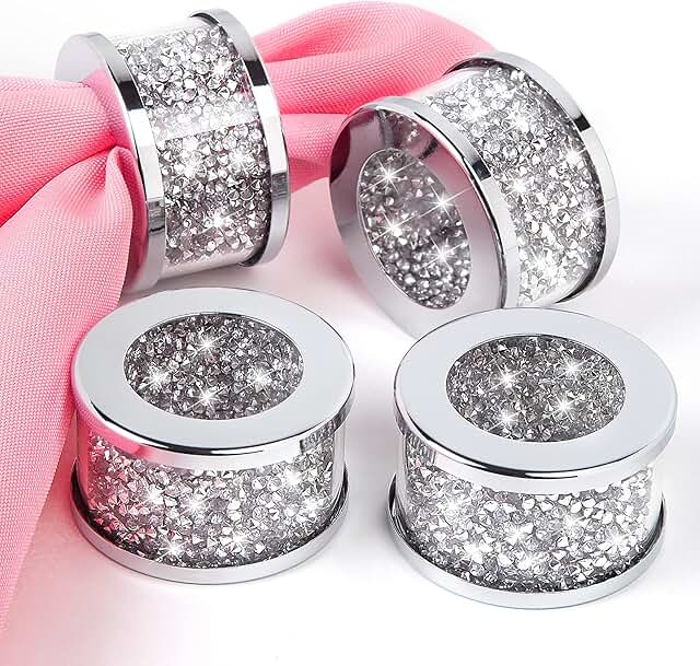 SHYFOY Silver Diamond Glass Napkin Holder Stainless Steel Framed,Crystal Silver Napkin Rings Set of 4 Pieces,Glam Serviett...