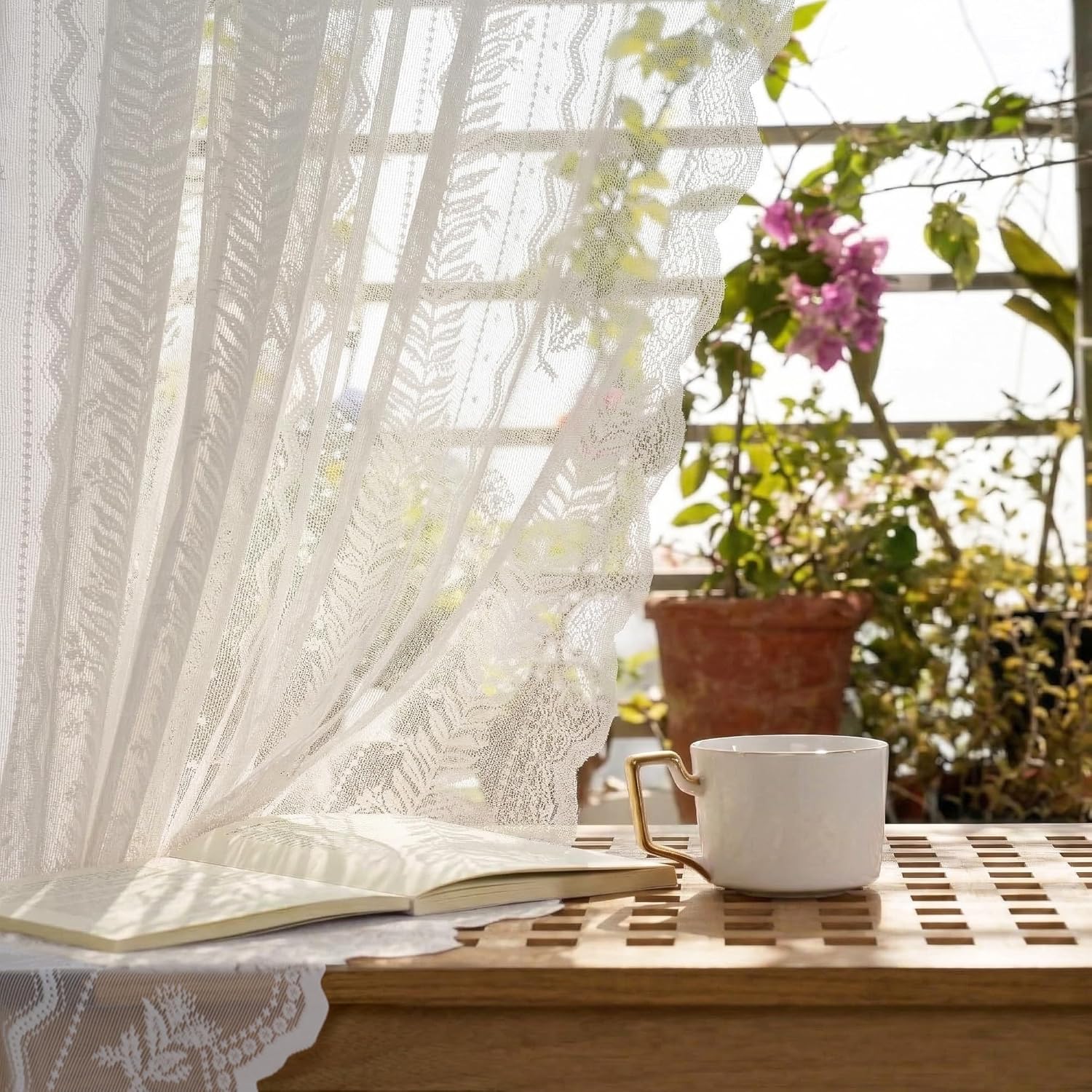 NICETOWN Outdoor Lace Curtains for Patio Waterproof, White Sheer Drapes for Porch Pergola, Gazebo Chic Decor with Lily of the Valley Striped Wave Edge, Rod Pocket Top, 2 Panels, W54 x L96 in