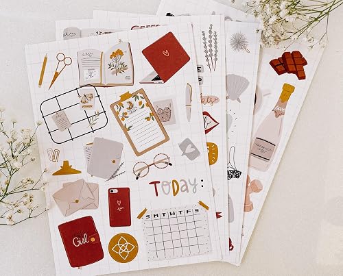 Good Golly Sticker Pack, Romantic Living Theme, 4 Sheets with Notebooks, Flowers, Stationery Items, and Lifestyle Accessories for Planners and Journals