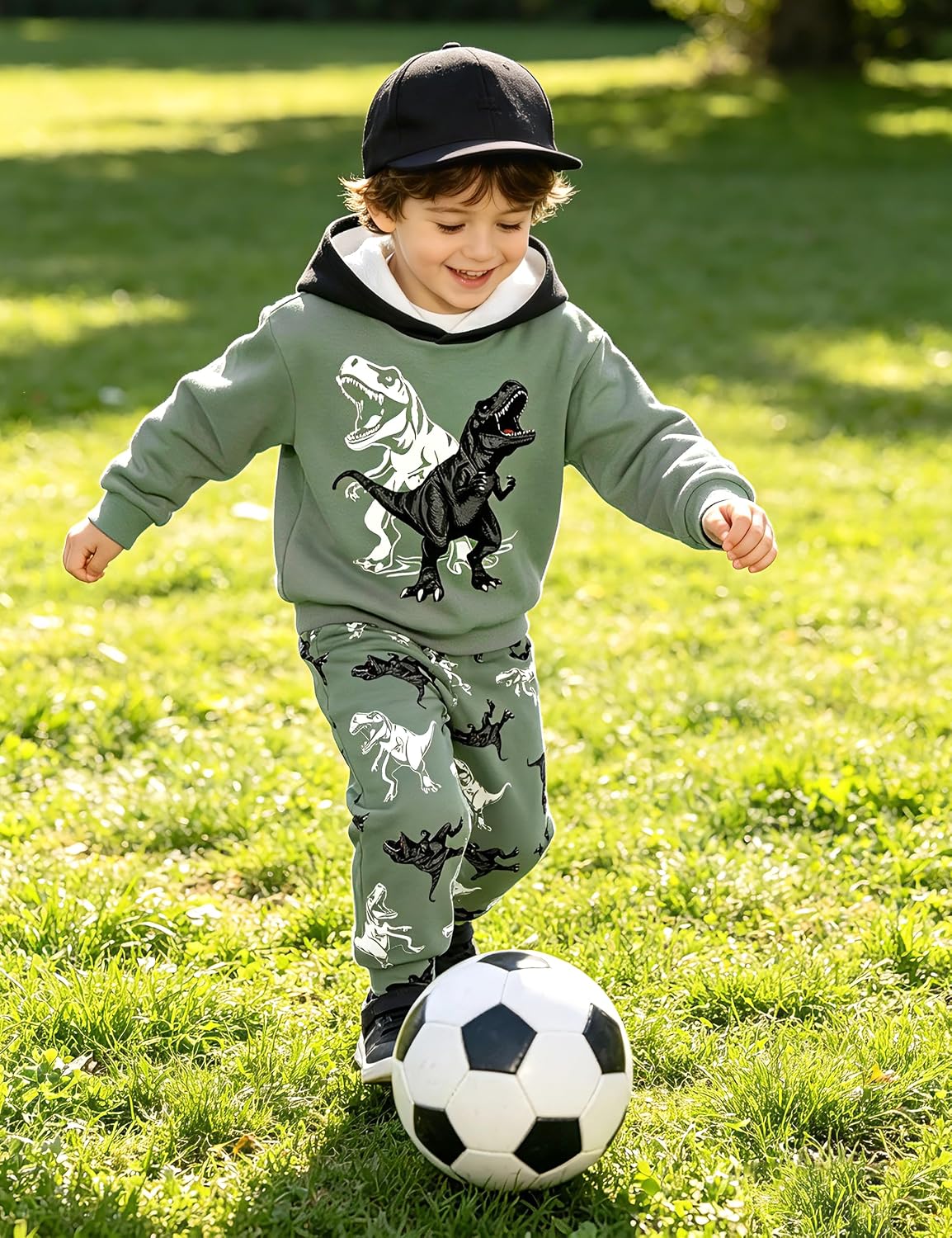 AGAPENG Toddler Boy Clothes Long Sleeve Dinosaur Print Hoodie Sweatshirt Joggers Pants Sweatsuit 2Pcs Fall Winter Outfits Set image 3