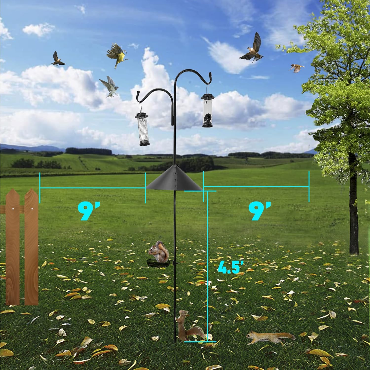 Shepherd Hook Squirrel Proof 2 Bird Feeder � Wild Bird Station - Powder Coated 90in Steel Pole � Squirrel Baffle � 2 Feeders � 1 Squirrel Peanut Feeder - 5 Prong Base � PATENT PENDING