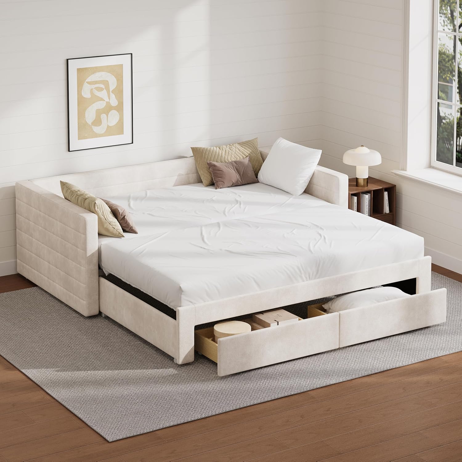 Twin Size Upholstered Extendable Daybed Frame with Trundle,Space-Saving Twin to King Design,Chenille Fabric Sofa Bed with Storage Drawers for Living Room Guest Room,Beige