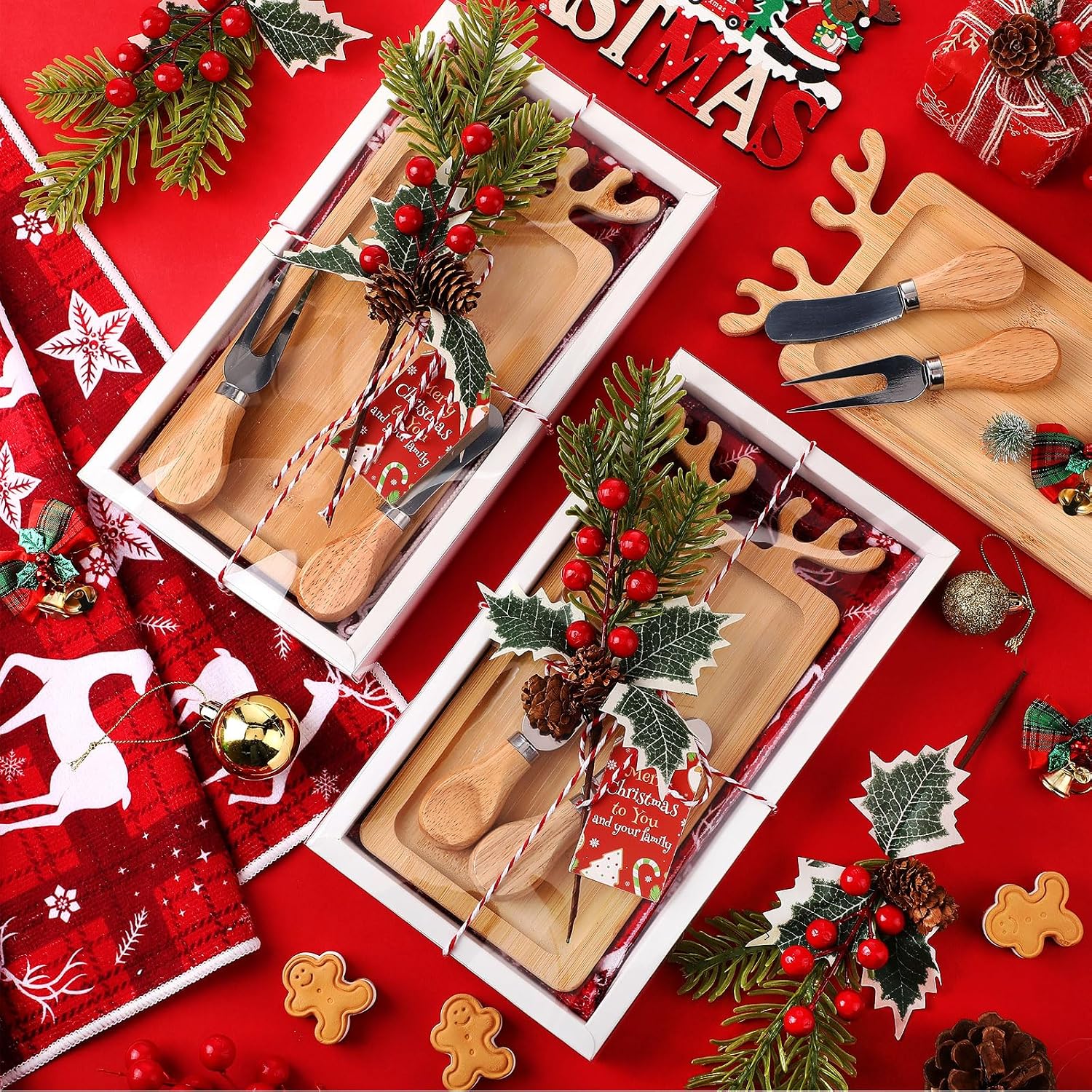 LemonRoad 6 Set Christmas Cutting Board Gift for Christmas Reindeer Cutting Board with Knives Forks Kitchen Towels Merry Gift Tags Charcuterie Boards Bamboo Serving Tray for Xmas Birthday Party Favors