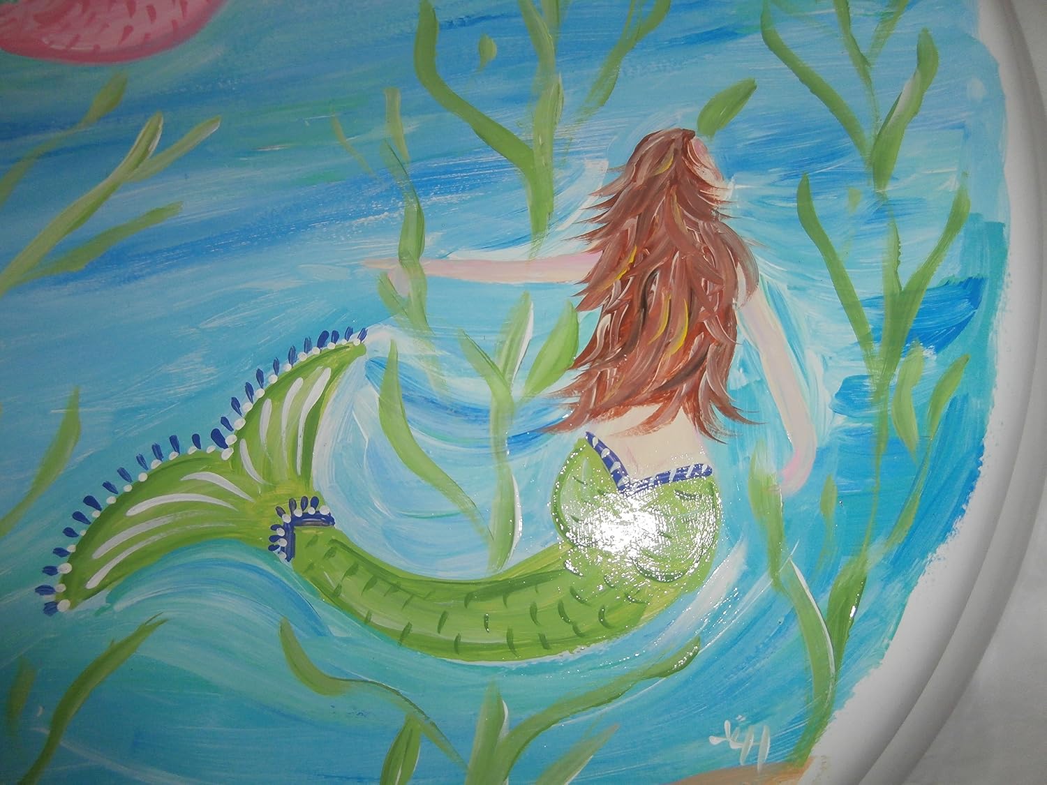 Hand painted swimming mermaids standard white toilet seat.