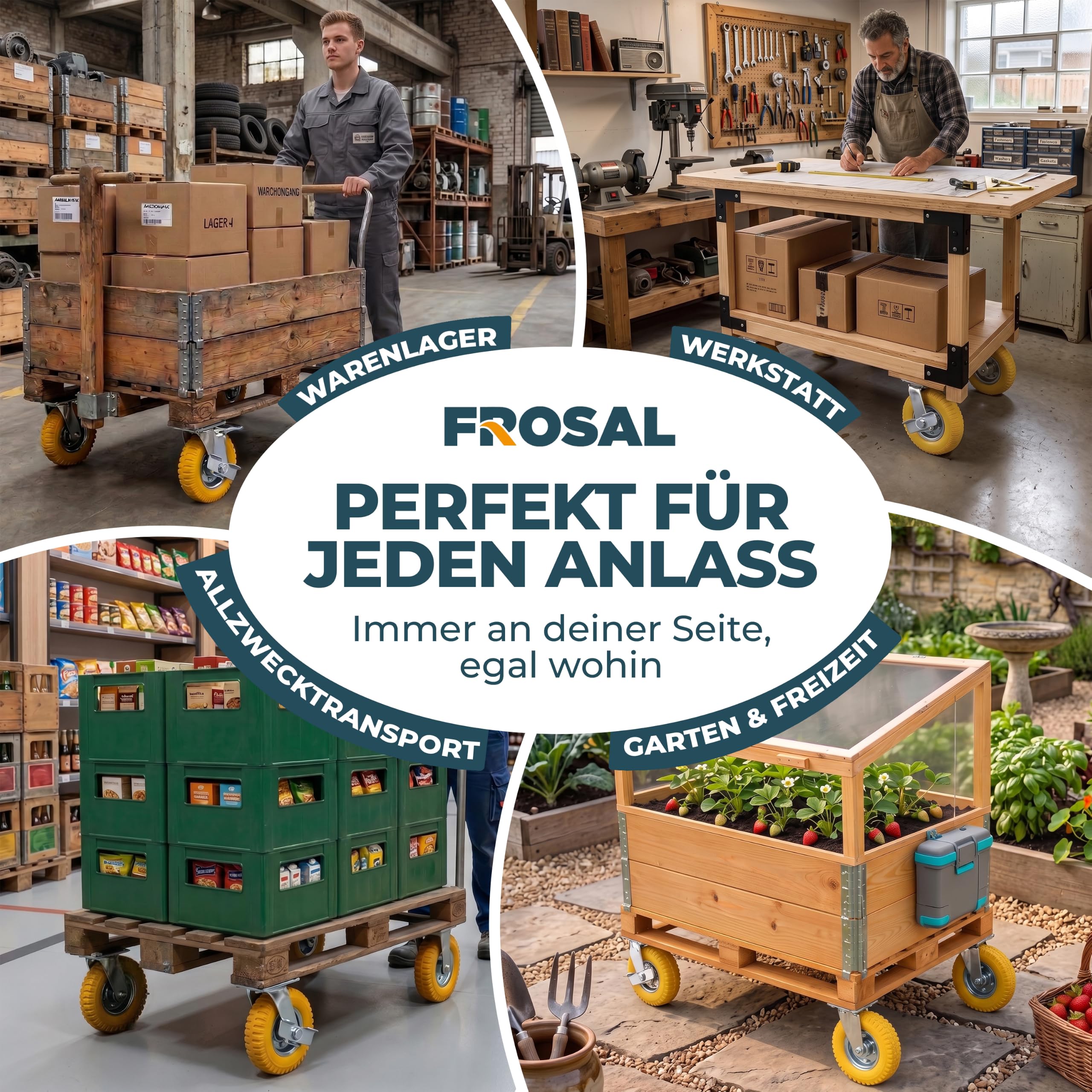 FROSAL Lenkrollen & Bockrollen SET PU 8“ pannensicher Bremse Ø Rad 200 mm Rollen Transportrollen Palettenrollen