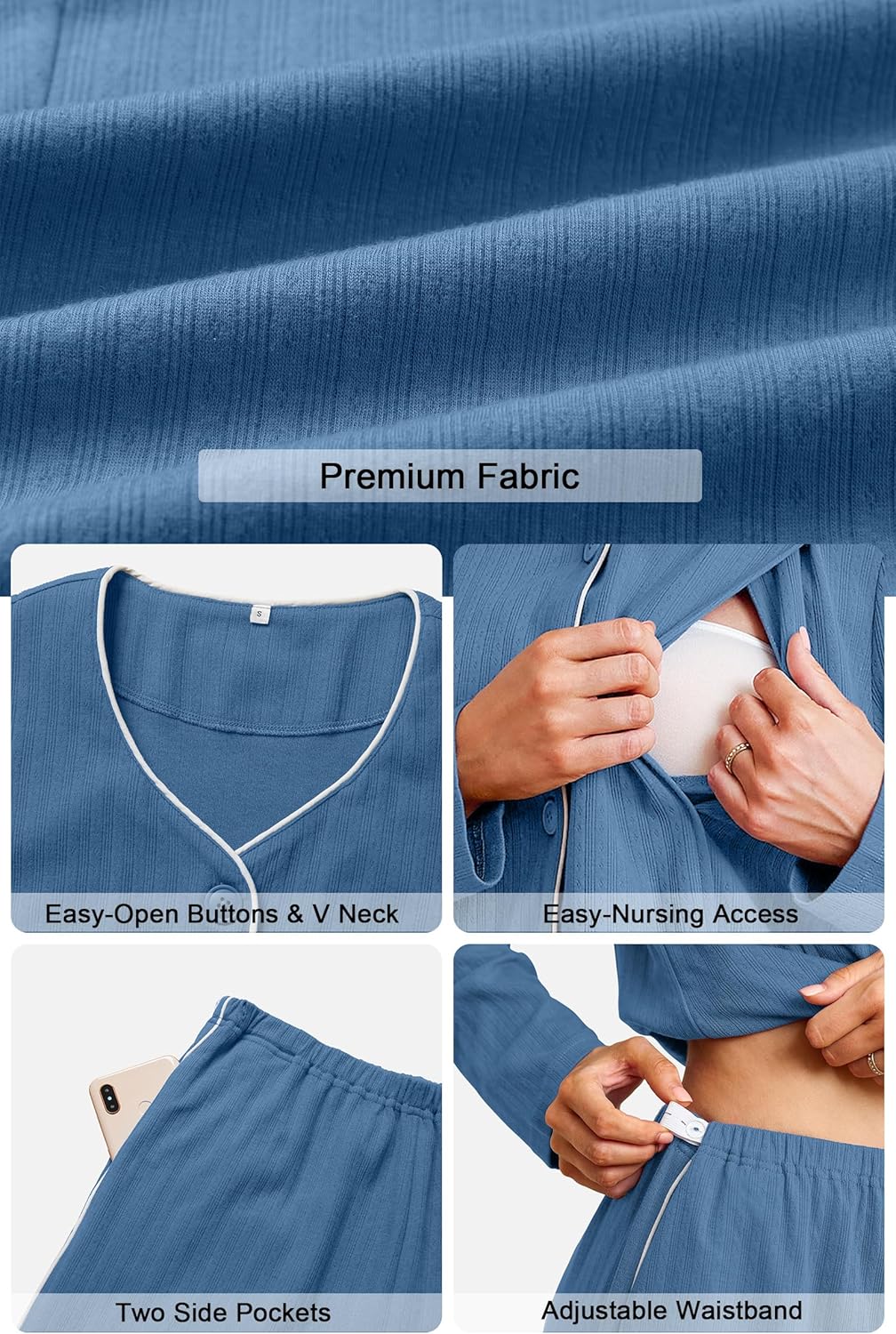 OUGES 100% Cotton Women's Maternity Nursing Pajamas Sets Button Down Breastfeeding Loungewear Top & Pants with Pockets - Image 6