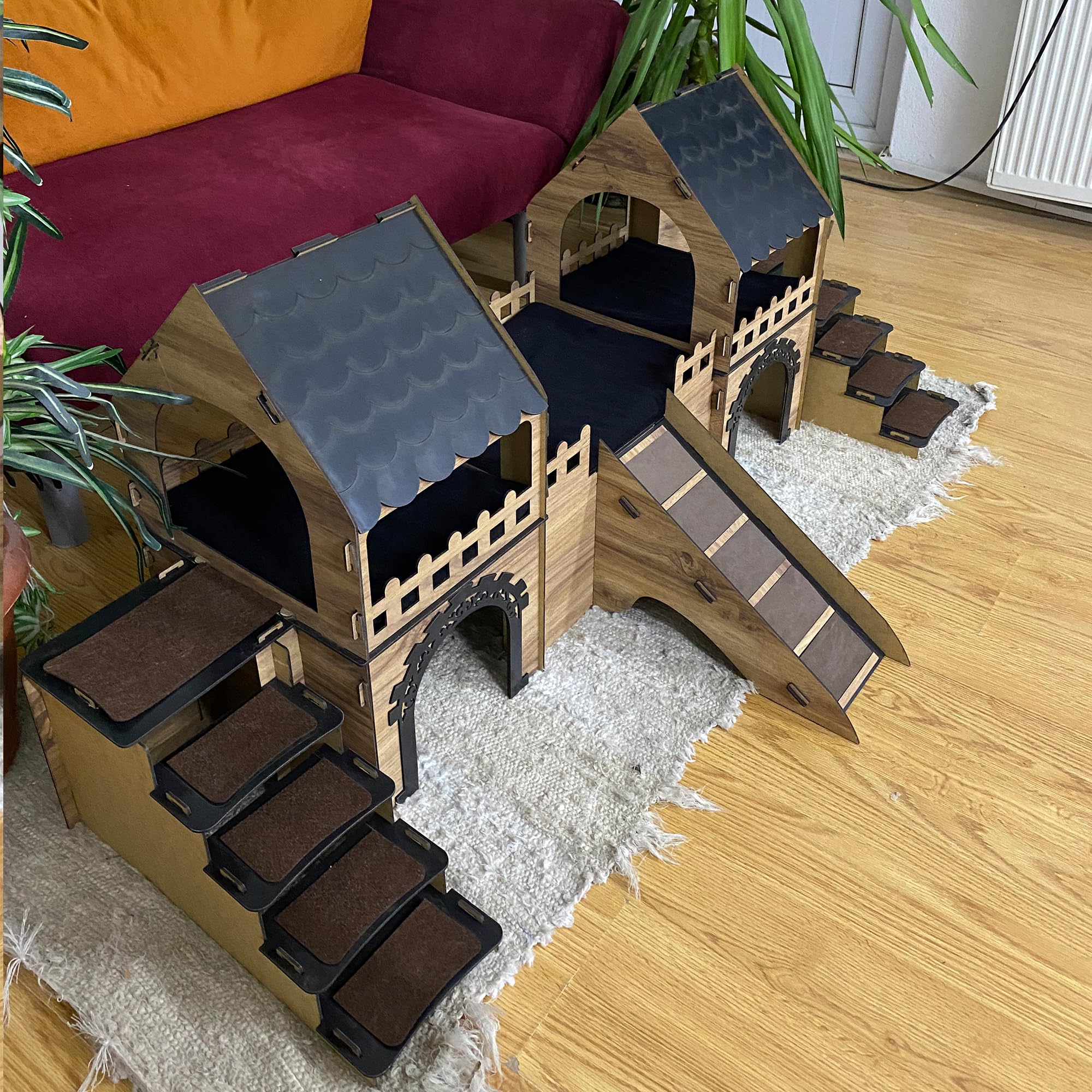 Kaninchenburg mit 2 Etagen, XXL Kaninchenhaus aus Holz mit Rampe & Treppen, Großer Spielturm & Versteck für Zwergkaninchen, Meerschweinchen & Hasen, Indoor Nagerhaus aus Naturholz (Eiche-Schwarz)