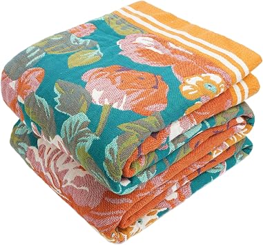 VANJOROY 100% Organic Cotton Sofa Large Bed Throw Blanket Soft Skin Friendly Double Sided Boho Floral Pattern Throw for 2 3 Seater Benches Armchair Couch and Bedspread 150 x 200cm