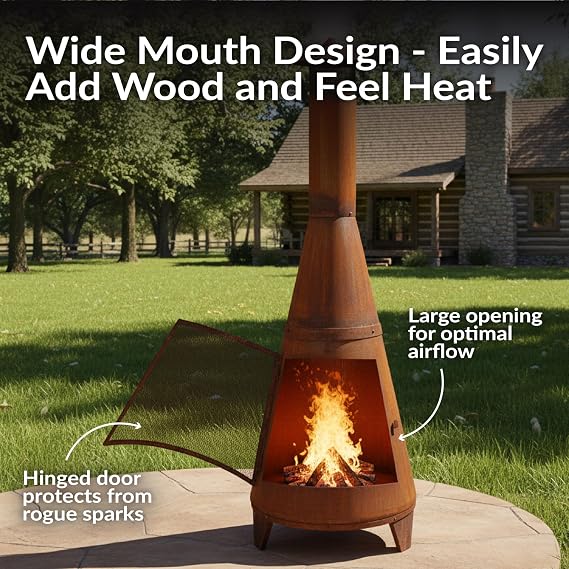 Sunnydaze 70 Large Chiminea Outdoor Fireplace, Wood Burning, Metal, Rustic | Steel, With Spark Screen Door & Rain Cap, Tall Chimenea Firepit for Outside, Outdoor Chimney Fire Pit for Patio or Backyard
