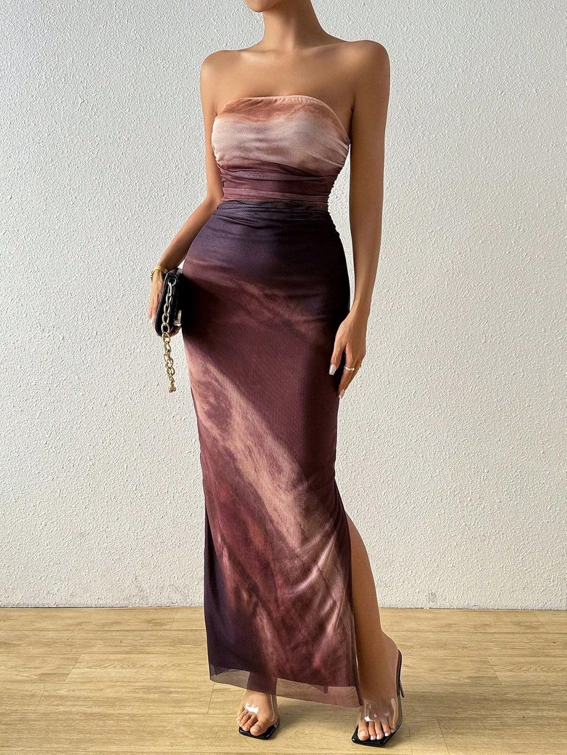 LIGHT DOT Women's Summer Maxi Dress Tie Dye Strapless Tube Bodycon Side Slit Mesh Layered - Image 3