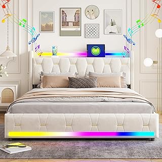 XMETPR Cama estofada 5 em 1, 160 x 200 cm com altifalante Bluetooth, luzes LED, estação de carregamento USB/tipo C, 4 ga...