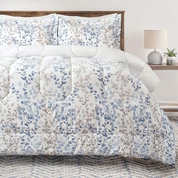 Chanasya Premium Queen Size Watercolor Leaf Vines Comforter Set Soft Blue Gray Botanical Microfiber Bedding 3 Piece Set with 1 Comforter and 2 Pillow Shams - Queen