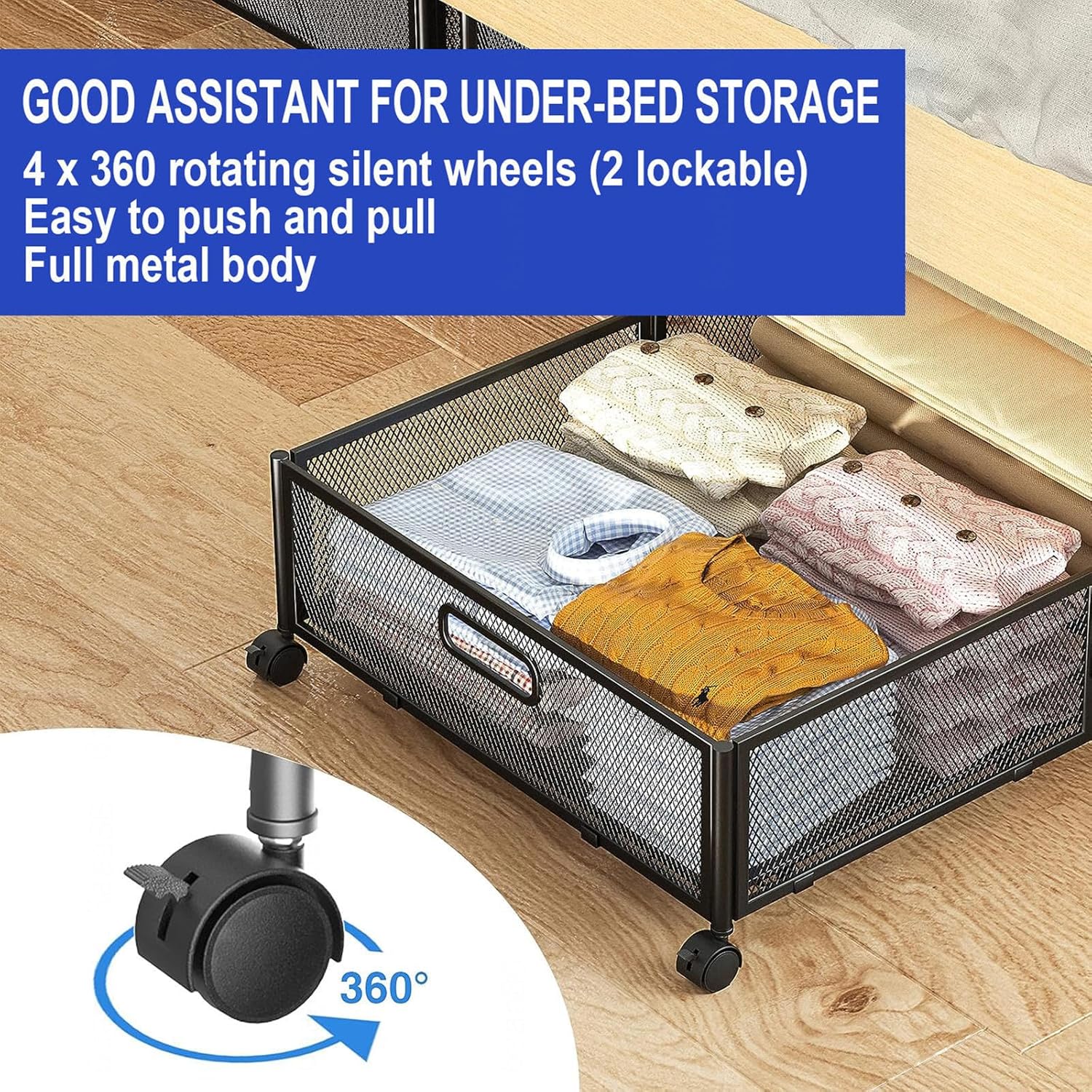Foldable Under Bed Storage Containers 2 Pack,Metal Underbed Storage Organizer Drawers with Wheels and Handles, for Bedroom Clothes Shoes Blankets