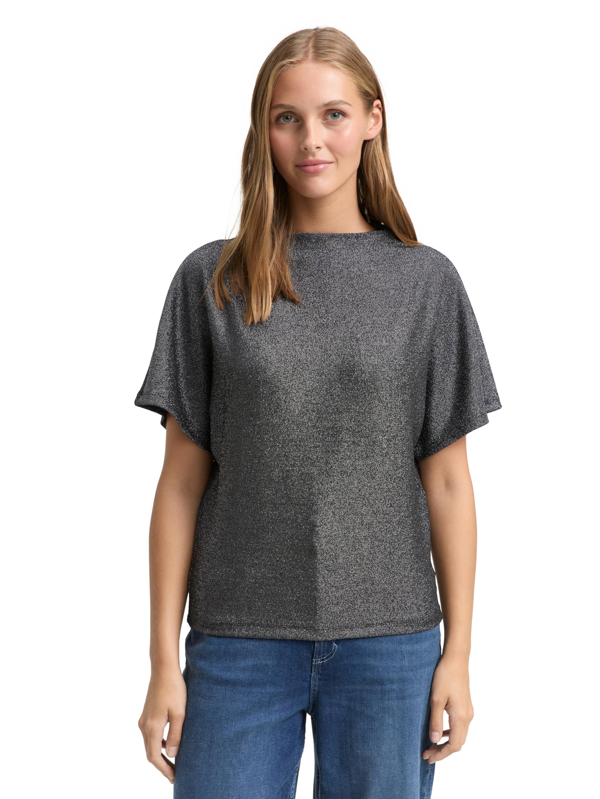 Tom Tailor Denim Damen 1050684 Glitzer T-Shirt mit Fledermausärmeln (1er Pack)