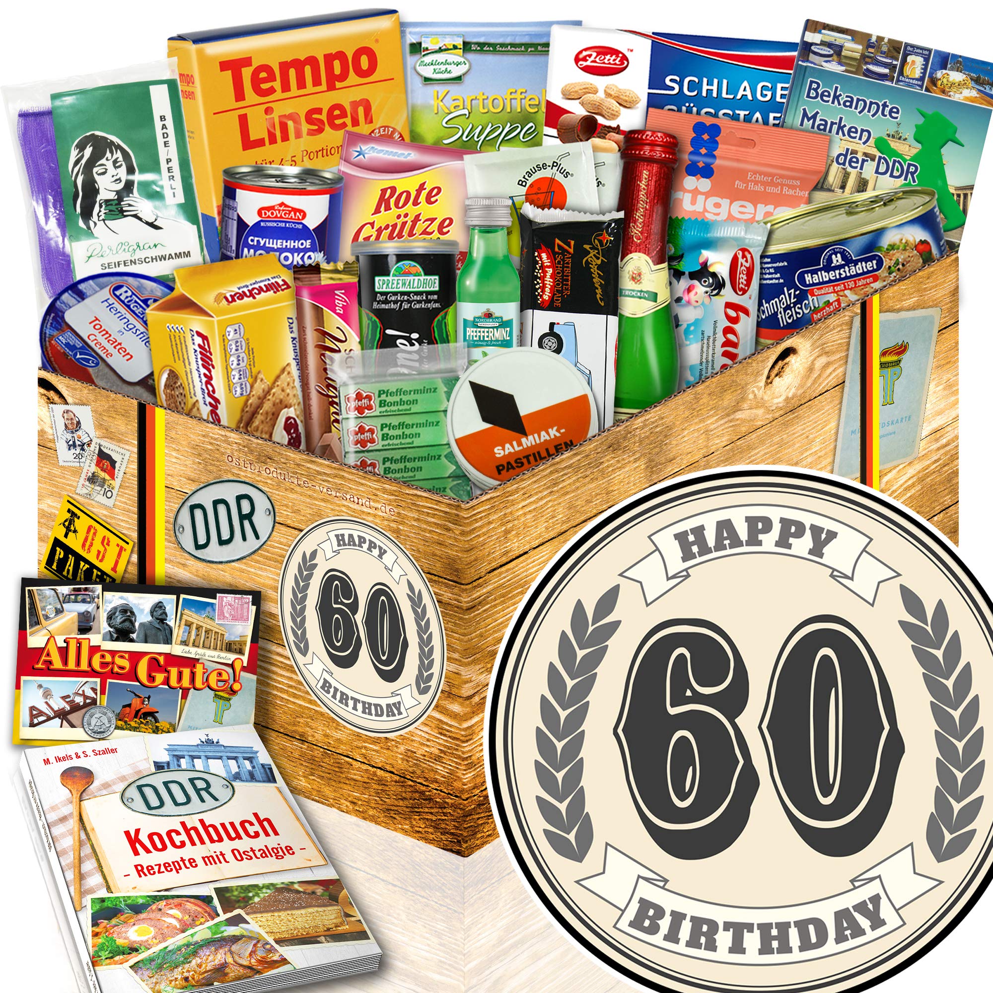 Ostalgie 60. Geburtstag - DDR Geschenkkorb Set mit Kultprodukten & Kochbuch | Geschenkbox mit 18 Ostprodukten wie Rotkäppchen Sekt, Zetti Bambina und Soljanka Rezepten, ideal für Ossis und Wessis.
