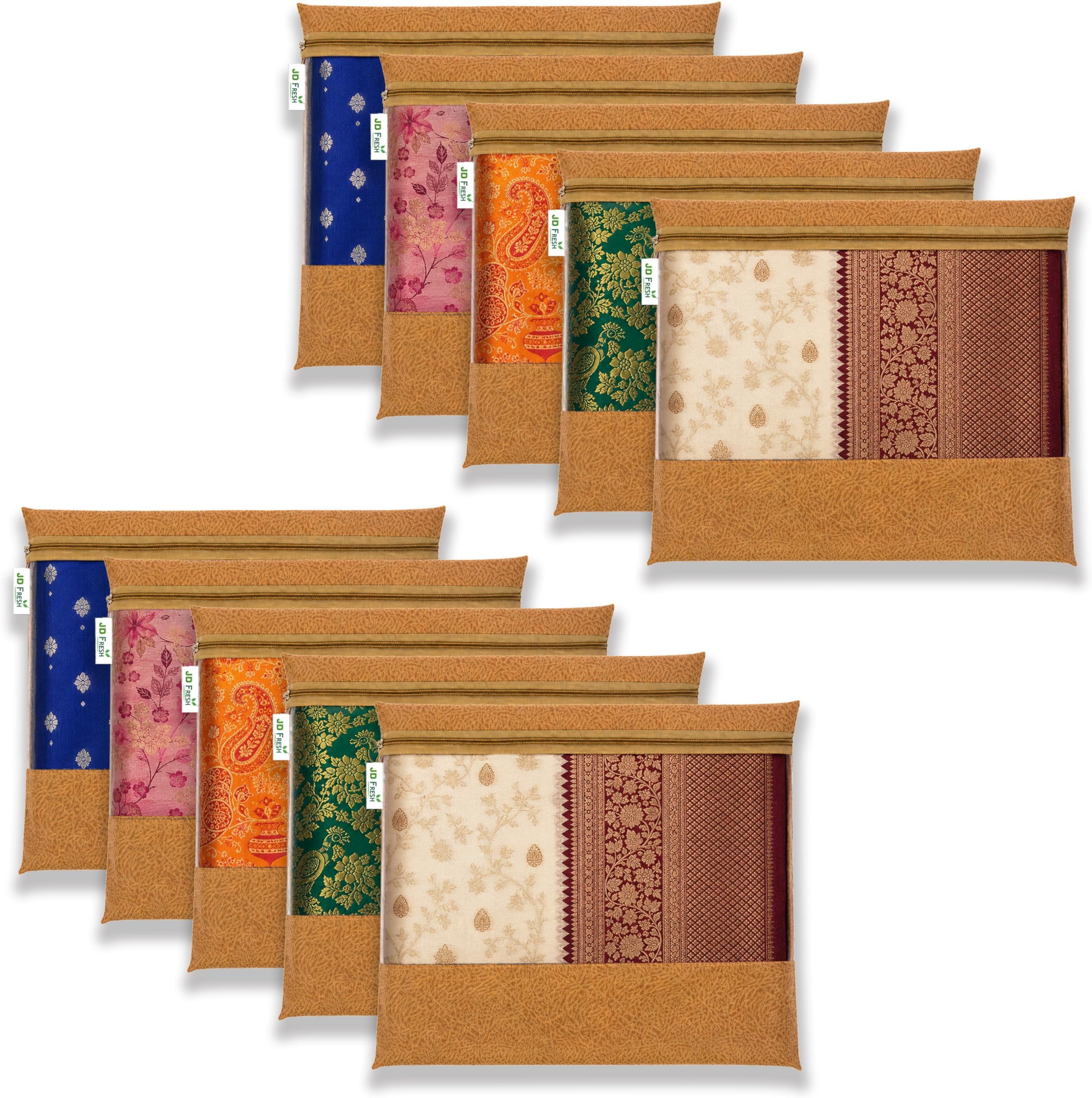 JD FRESH 10 Pcs Large Non-Woven Saree Covers For Storage/Multi-Purpose Lehenga Storage Bag/Saree Bags with Zip/Clothes Covers for Dresses/Sarees/Lehengas (14x17 Inch)