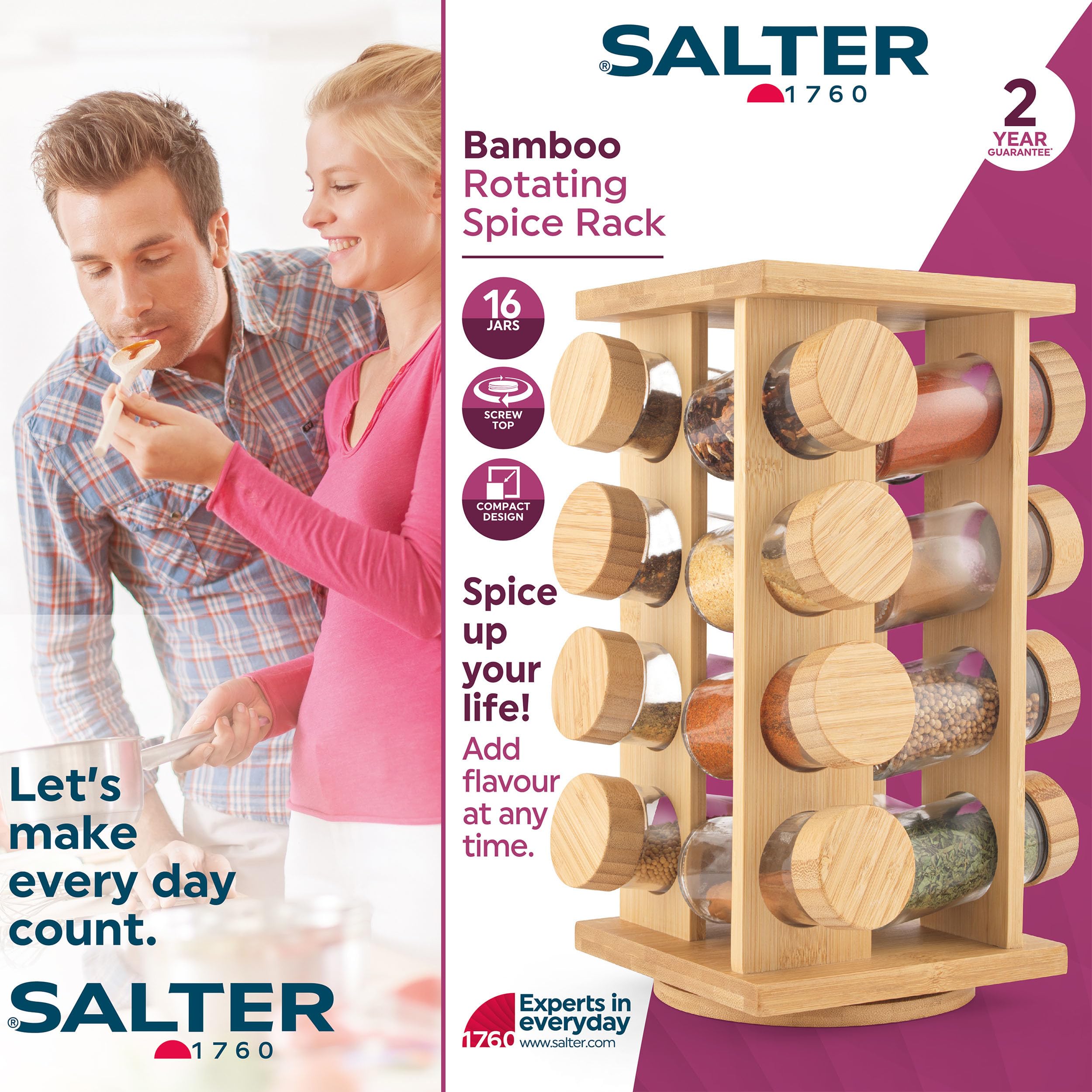 Salter Étagère à épices en bambou - Rotatif, 16 bocaux inclus, couvercles à visser, fraîcheur longue durée, épices et assaisonnements, organiseur d'épices de comptoir, stockage des épices