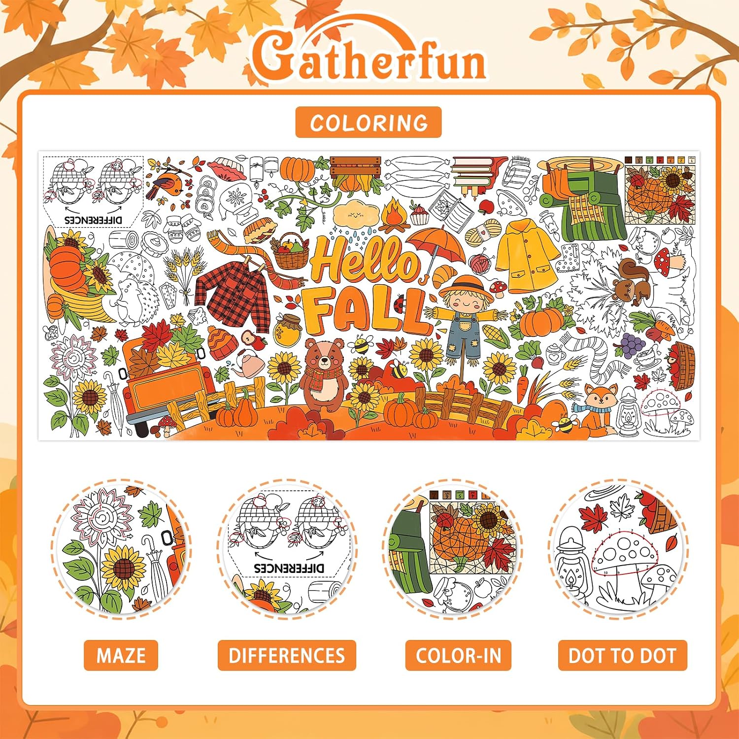 Gatherfun Hello Fall Giant Coloring Poster, 31.5 x 72 Inch Fall Crafts Activity Poster and Fall Tablecloth for Classroom, School Party, Birthday and Special Event Decoration