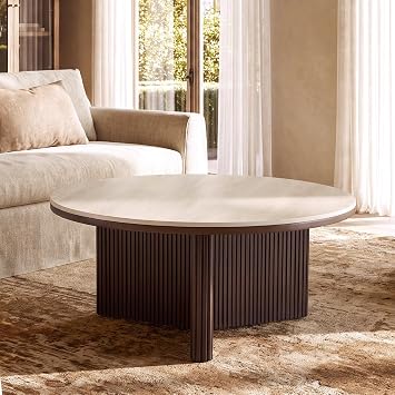 Morden Fort 33" Round Coffee Table, Faux Marble, Sintered Stone Top, Beige