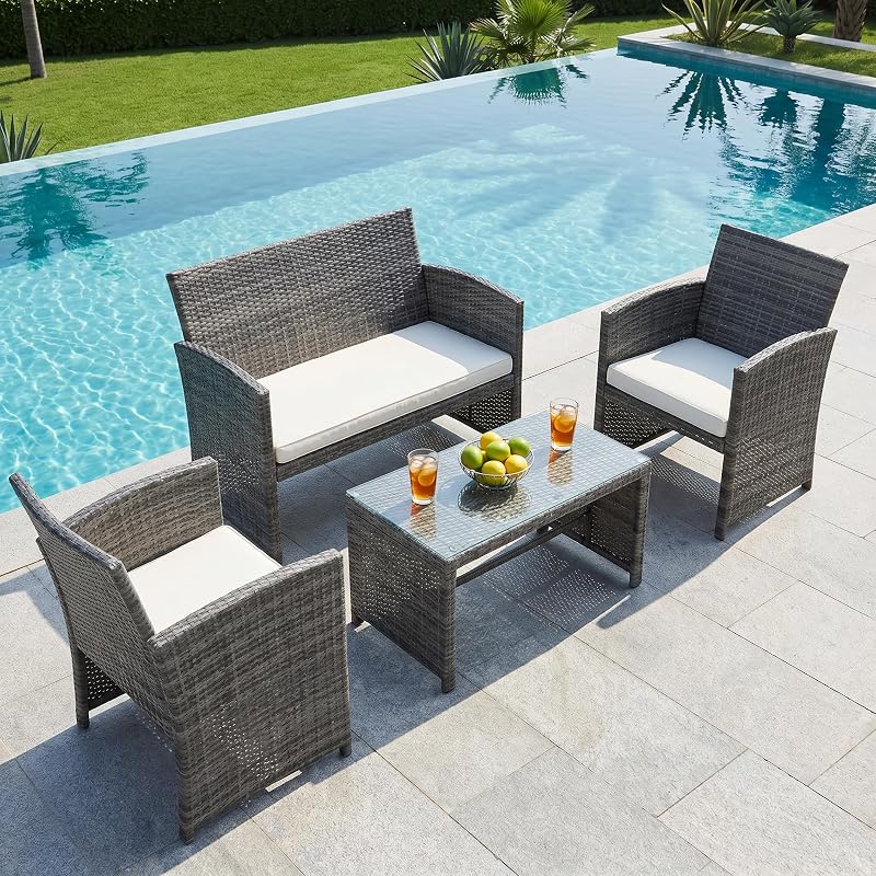 Patio Furniture Set 4 Piece Outdoor Furniture Set, PE Rattan Wicker Patio Conversation Set with Cushions & Glass Coffee Table, Backyard Patio Seating for Balcony Porch Garden Poolside, White