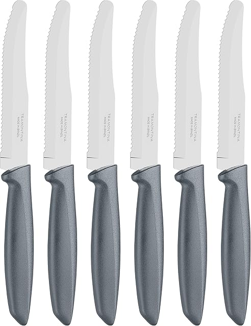 Tramontina Kitchen Knives Set of 6, Serrated Fruit Tomato Cooking Knife, Vegetable Chopper Peeler, Stainless Steel, Multipurpose, Rounded Tip, Grey, 23498655