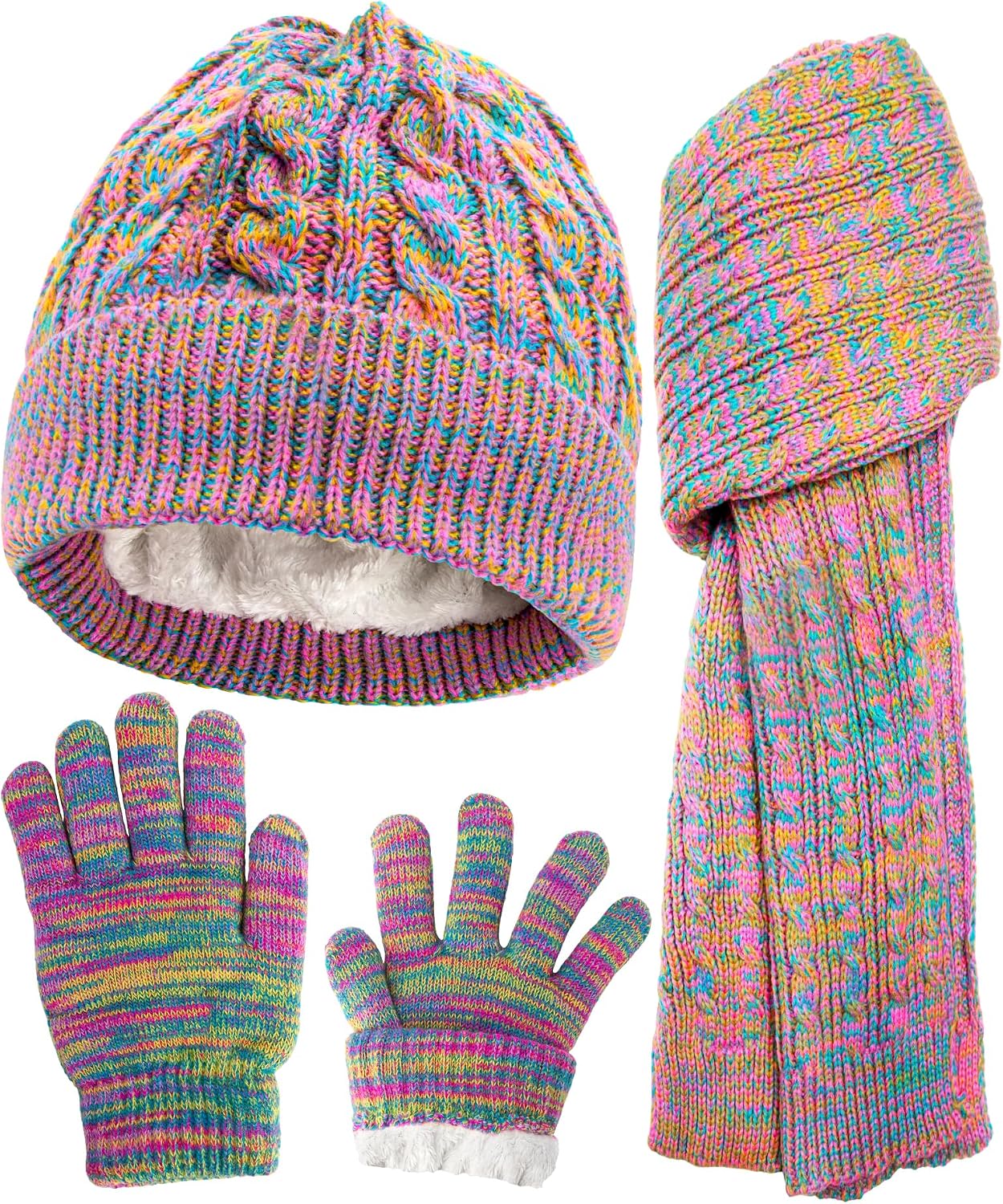 Kids Girls Winter Hat Gloves Set-Toddler Girls Boys Fleece Lined Beanie Hat and Gloves with Kint Neck Long Scarf