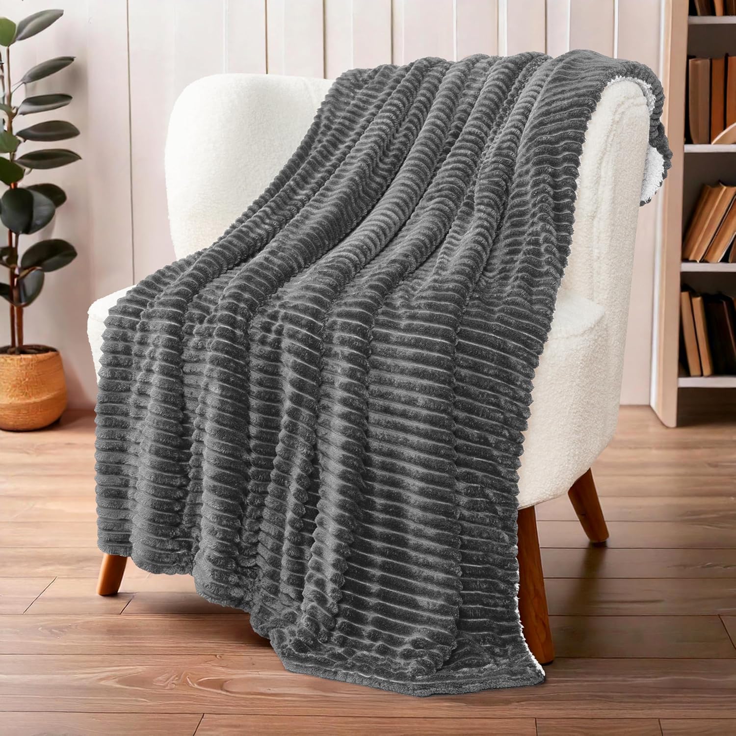 PAVILIA Gray Sherpa Fleece Throw Blanket for Couch Twin, Soft Plush Fuzzy Blankets, Fluffy Flannel Sherpa Blanket for Bed, Warm 3D Ribbed Winter Blanket Gift, 60x80 inches