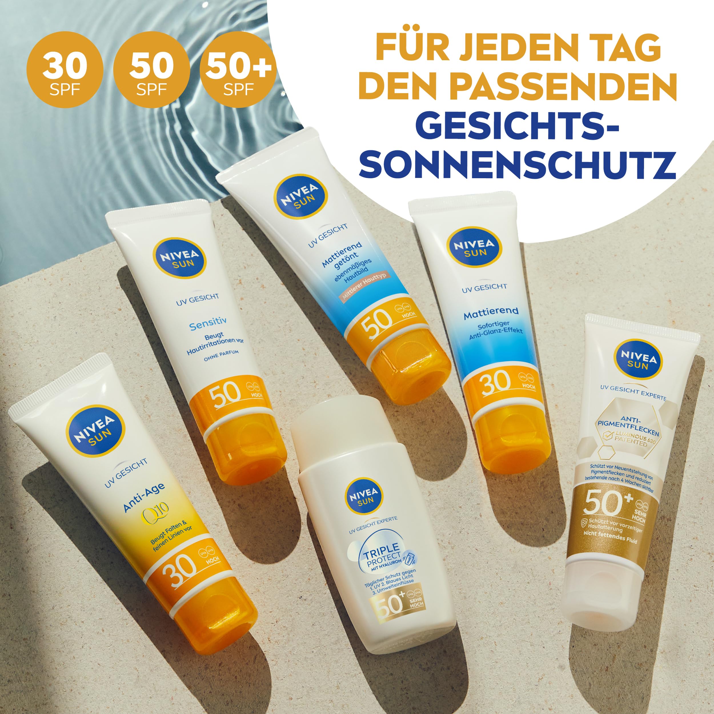 NIVEA SUN Sensitiv Set mit Sonnenschutz für das Gesicht & Spray mit LSF 50, parfümfreie Gesichtscreme beruhigt Hautirritationen, wasserfestes Sonnenspray für empfindliche Haut
