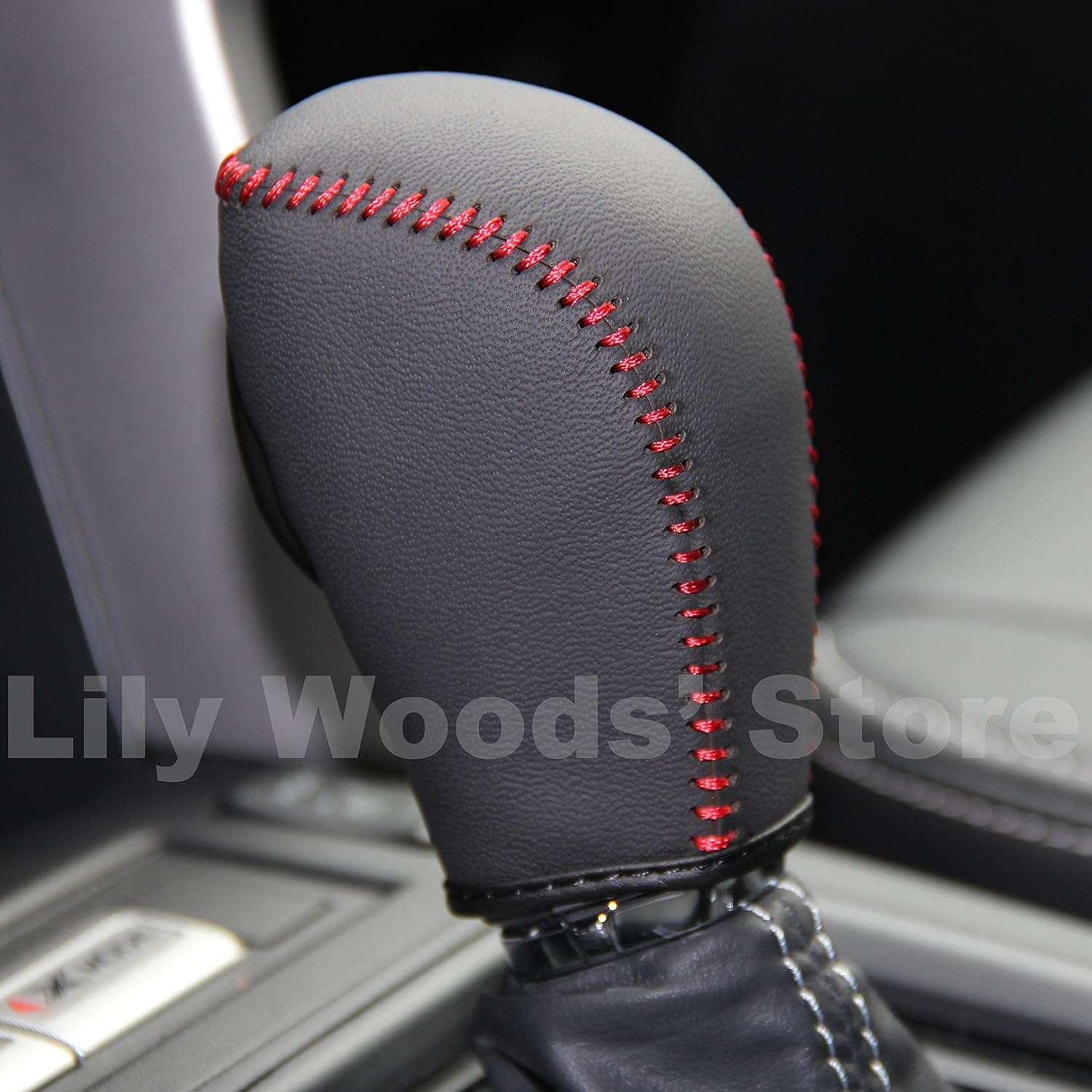 Black Genuine Leather Gear Shift Knob Cover for Subaru Forester (2014-2017) & Impreza (2012-2016) - Automatic, Red Thread