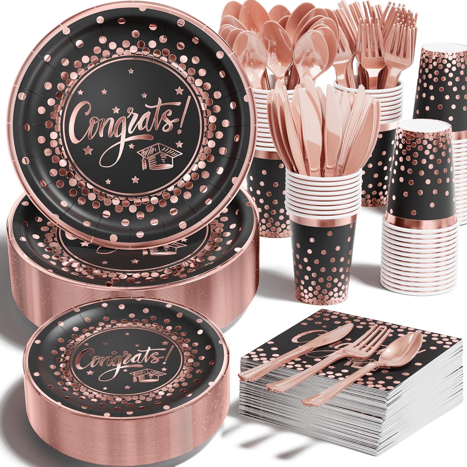 Ecomore 2025 Graduation Party Supplies - 350 PCS Disposable Dinnerware Set (Severs 50) with Navy Blue Sliver Congrats Paper Plates Napkins Cups Plastic Forks Knives Spoons for Grad Decor Class of 2025