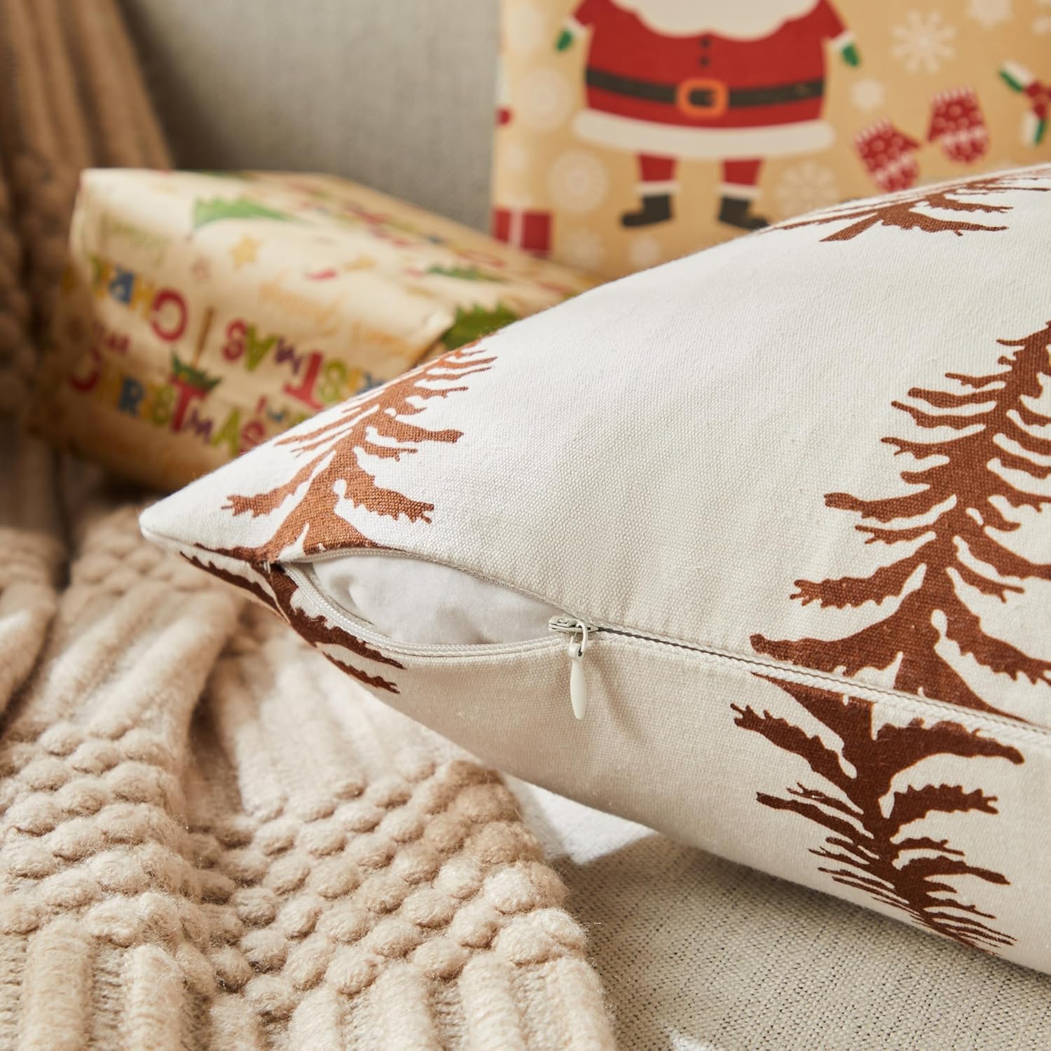 100% Cotton Christmas Pillow Covers Set of 2, 24x24 Inch Brown, Winter Tree Print Decorative Xmas Throw Pillow Covers Cushion Case Winter Home Decor for Sofa Bed Living Room