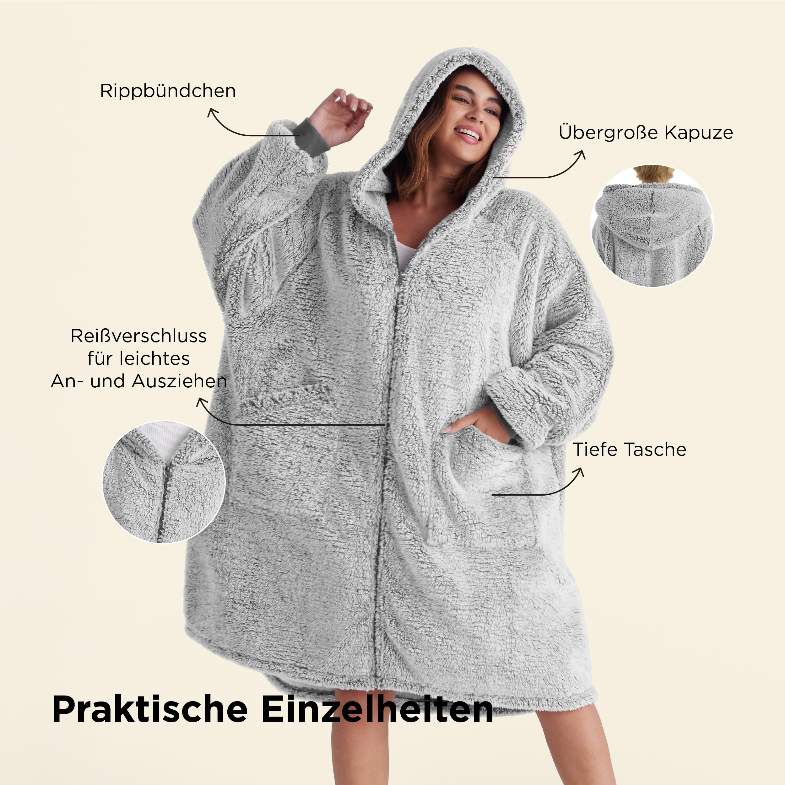 Bedsure Couverture à capuche avec manches Sherpa - Couverture douillette avec manches - Pull douillet - Couverture portable - Cadeau pour femme, Gris, 100x78 cm