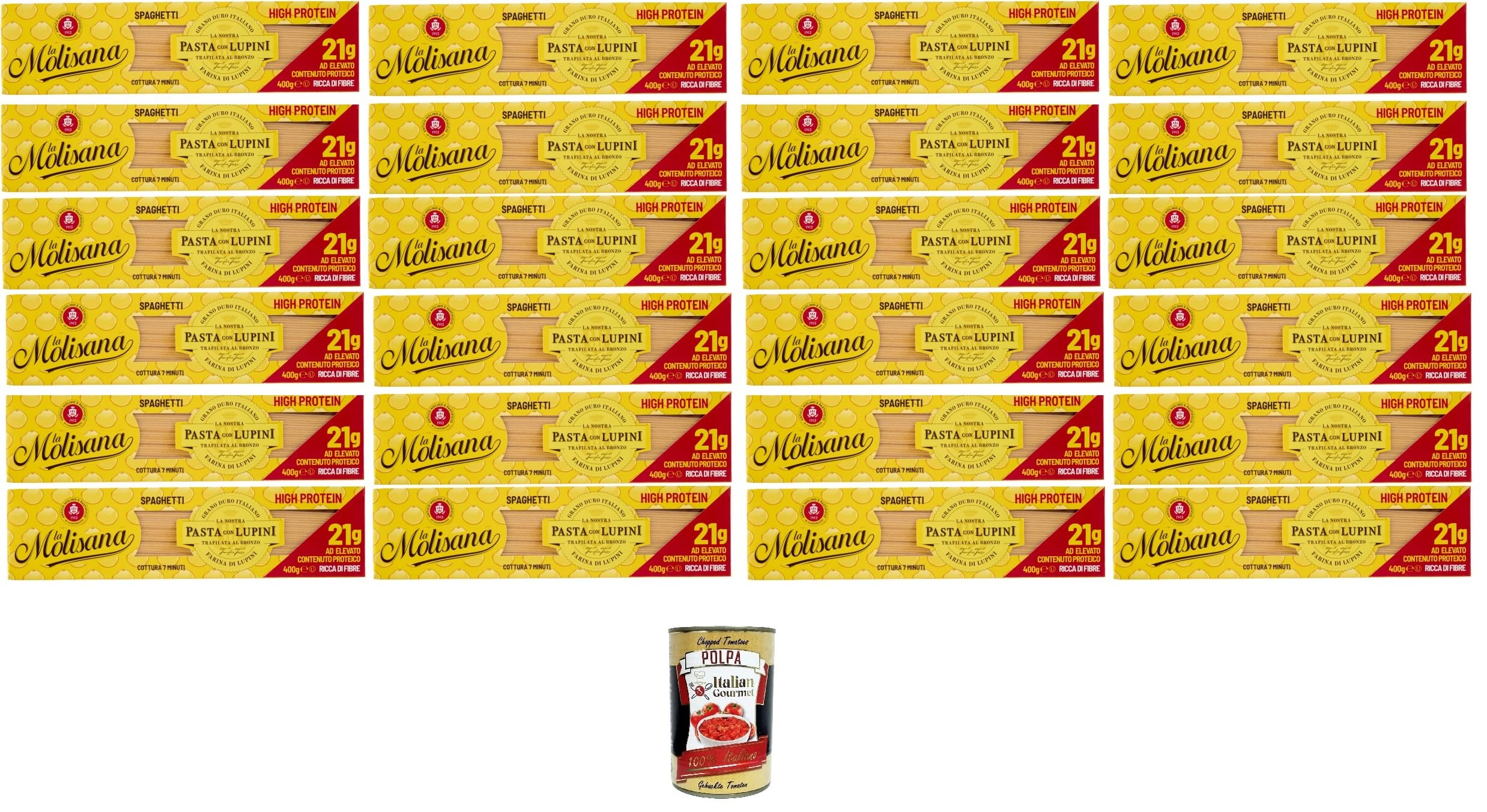 La Molisana, espaguetis con altramuces, tagliatelle de proteínas con harina de altramuz y sémola de trigo duro italiana – bronce dibujado, 24 x 400 g + Polpa italiana gourmet 400 g