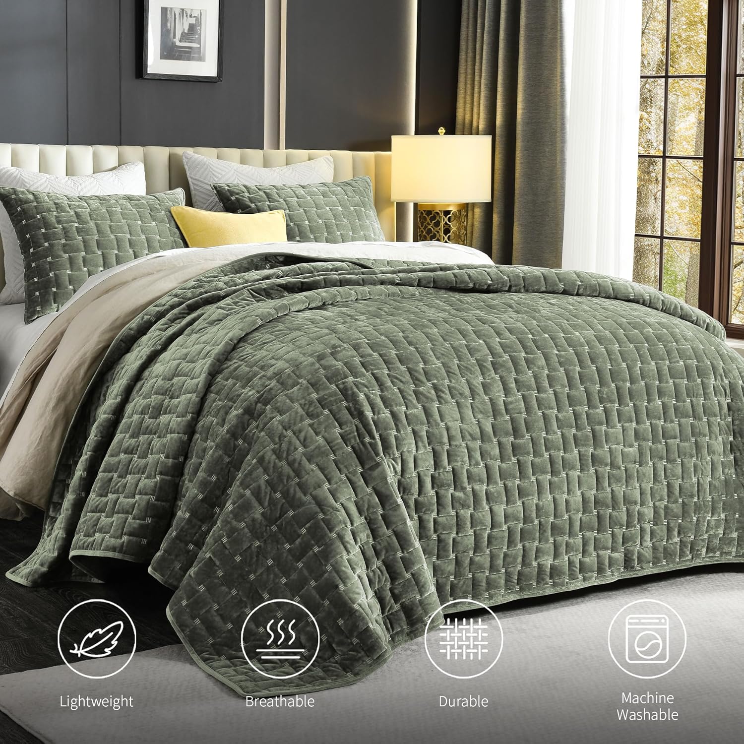 Grassix Velvet Quilt Set King Size, 3 Pieces Lightweight Velvet Comforter with Pillow Shams, Geometric Quilted Bedspread Coverlet Bedding Set for All Seasons, Sage Green, 108"x96" - Image 2