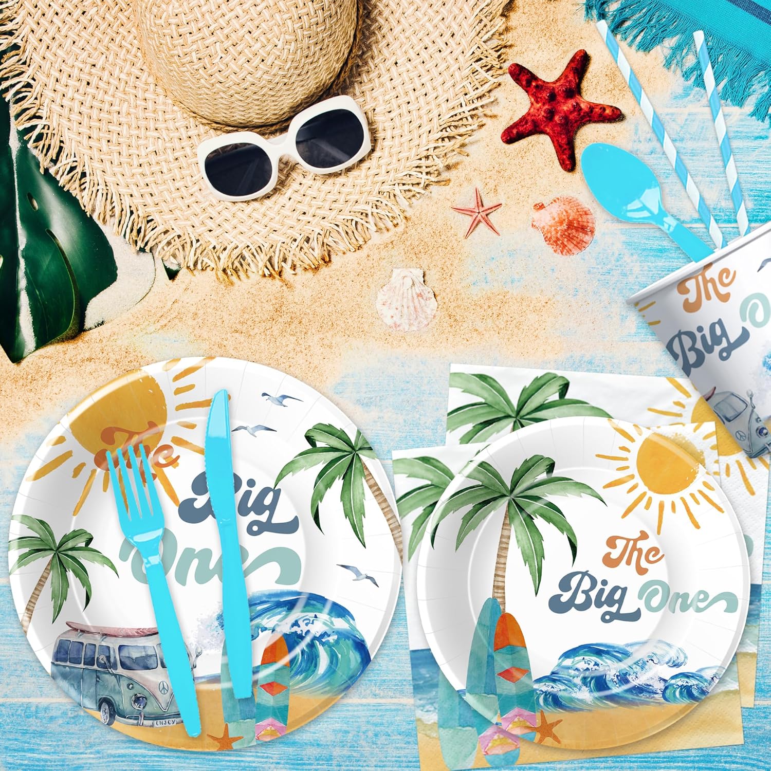 Surf First Birthday Party Supplies Boy - Surfing The Big One Birthday Decorations Tableware, Plate, Cup, Napkin, Cutlery, Tablecloth, Summer Beach Surf Party Decor | Serve 24