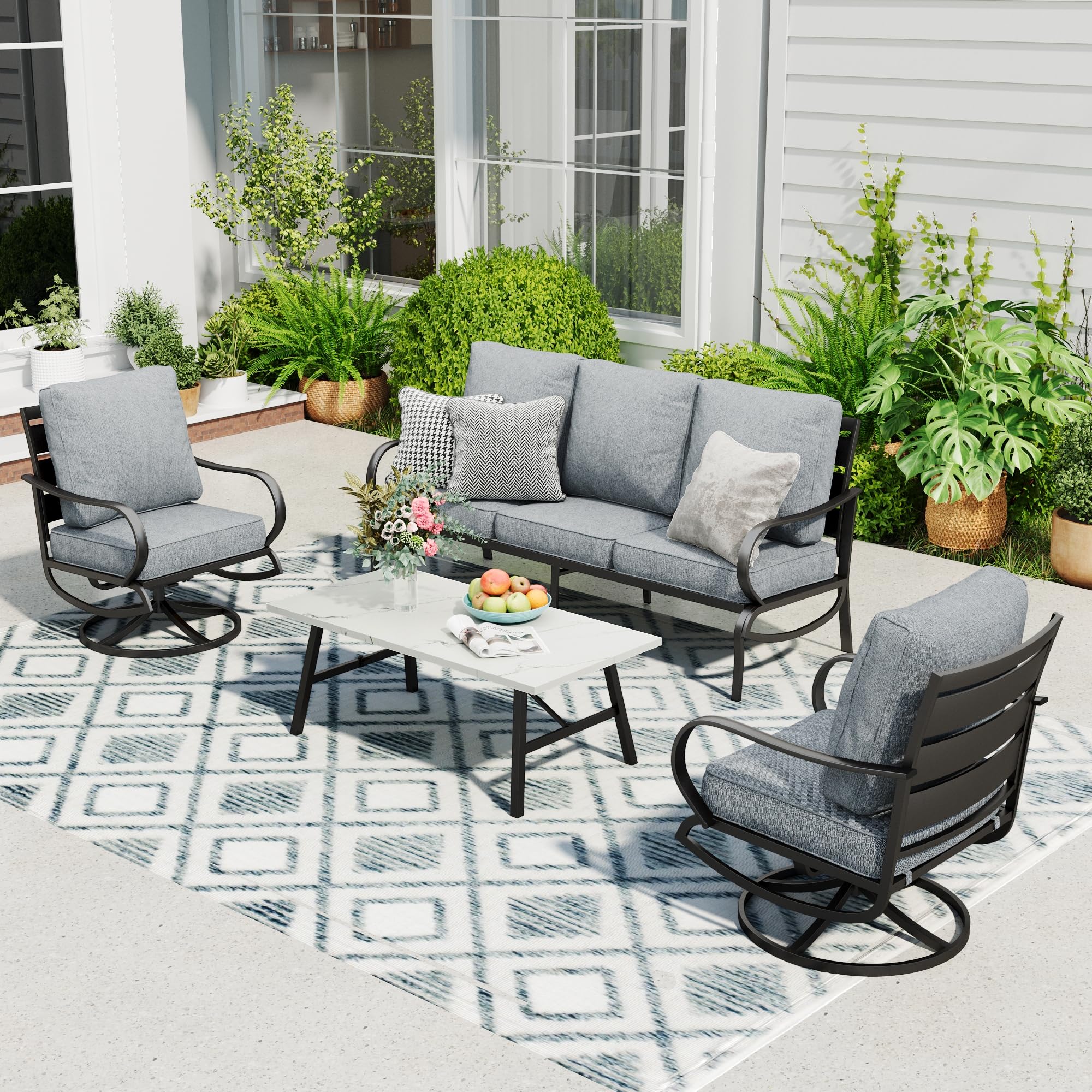 Sophia & William Patio Furniture Sets 5 Seats Outdoor Metal Conversation Sets 4 Pcs with 2 x Cushioned Swivel Sofa Chairs,1 x 3-Seat Sofa, 1x Marbling