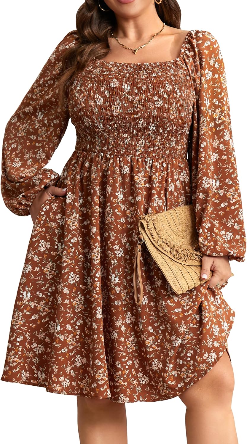 RWJ Womens Plus Size Long Sleeve Dress Square Neck A-Line Short Dresses