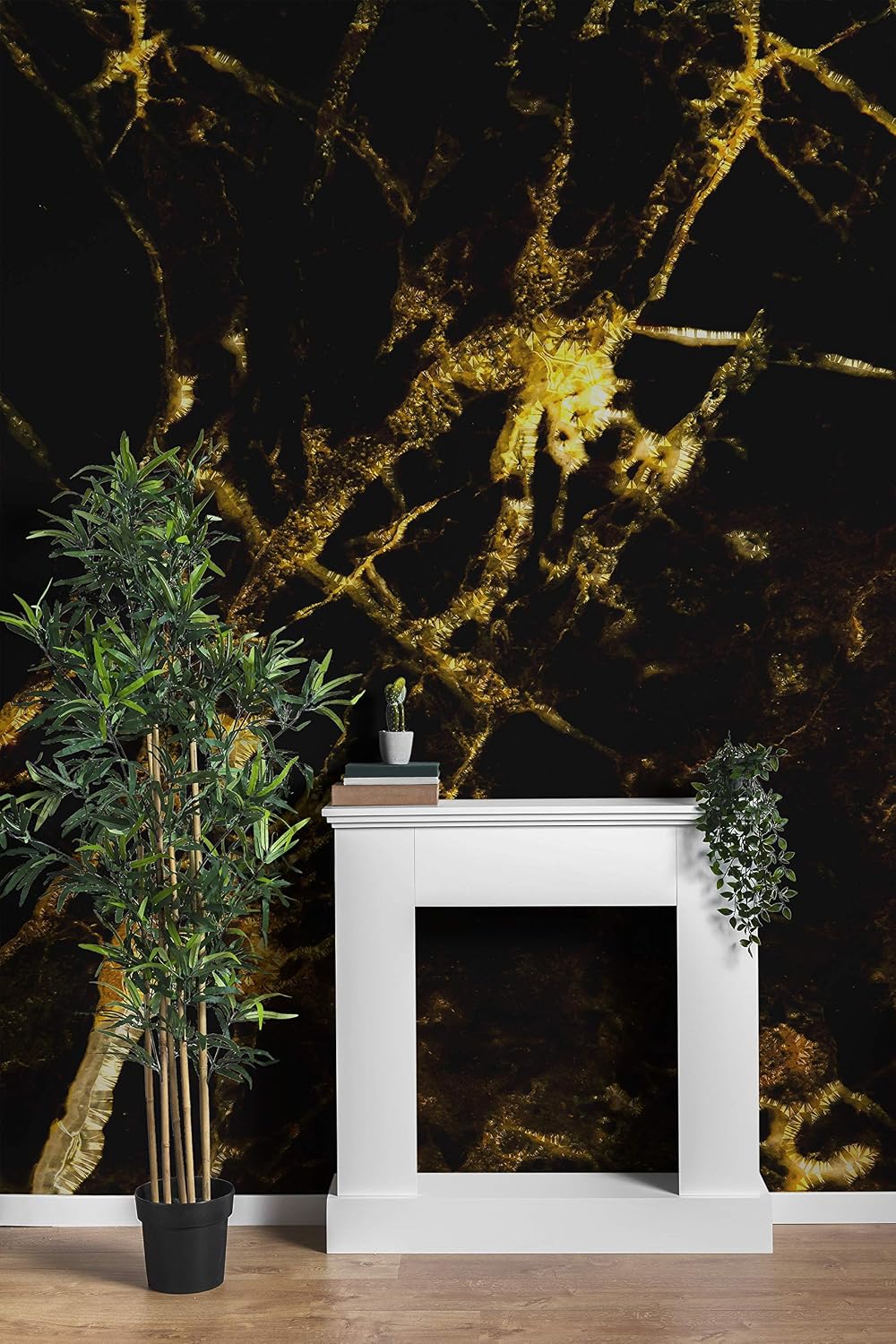 Black and Gold Abstract Marble Stone Peel and Stick Wallpaper | Removable Wall Mural #6239 (9ft H X 12ft W)
